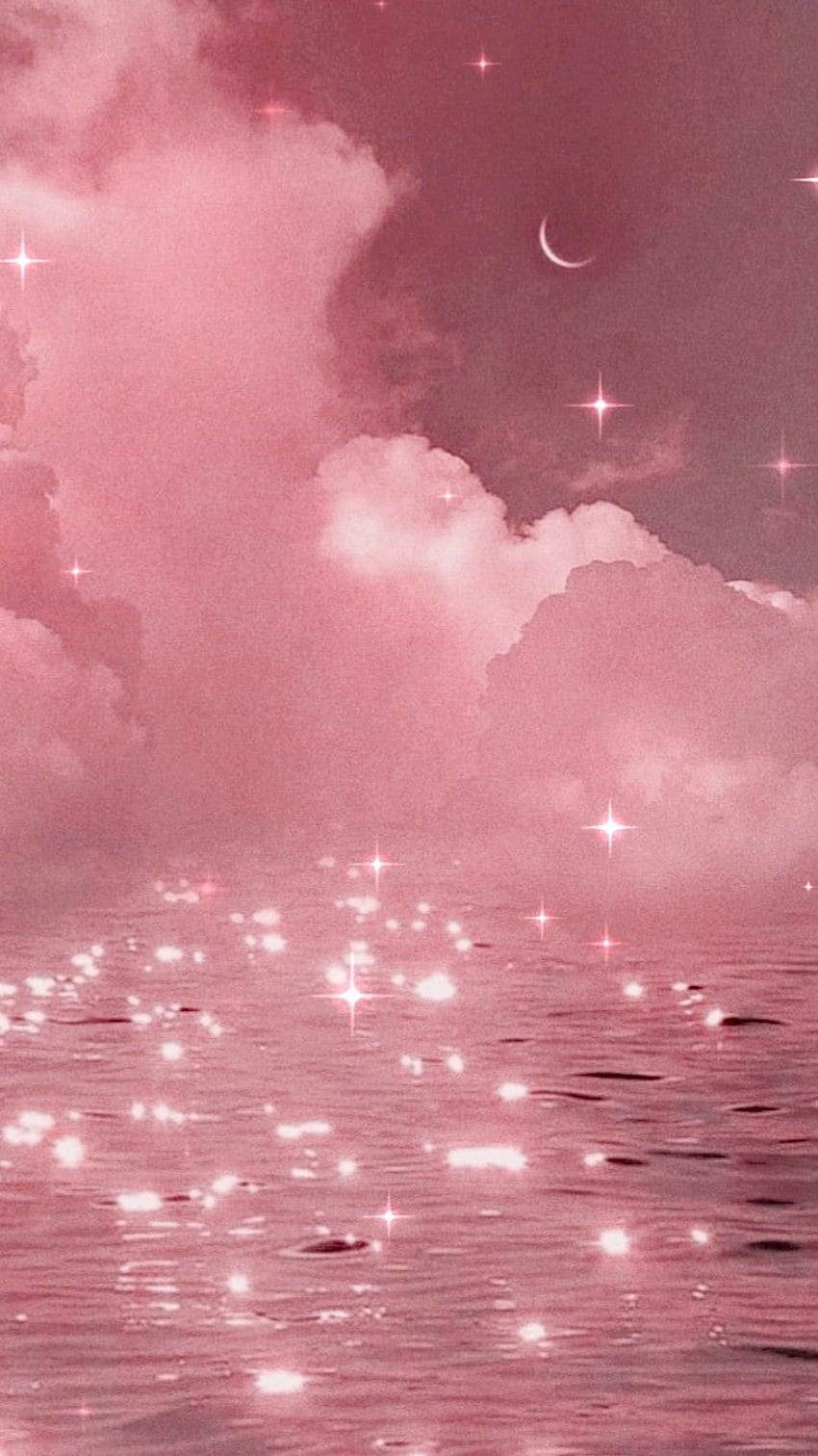 Rosa Wolken, Meer, Funkeln, Mondsichel, Pink, HD, Hintergrundbild fürs Handy