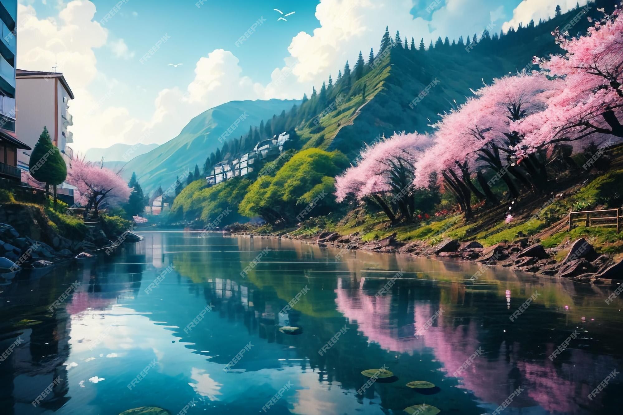 Fluss, Kirschblüten, Berge, Anime-Landschaft, Spiegelung, Frühling, Full HD, Desktop-Hintergrund