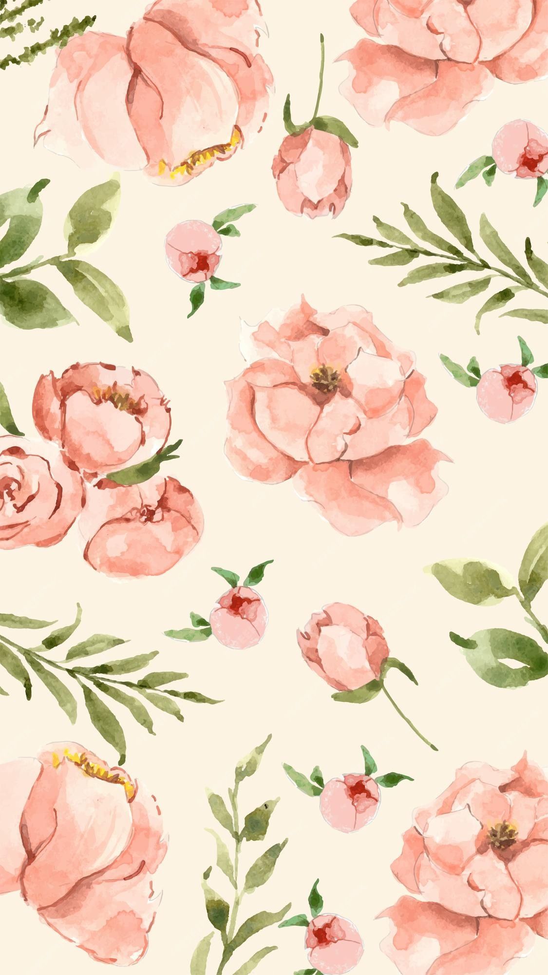 Blumenmuster, Aquarell, Pfirsichtöne, Blätter, Full HD, Hintergrundbild fürs Handy