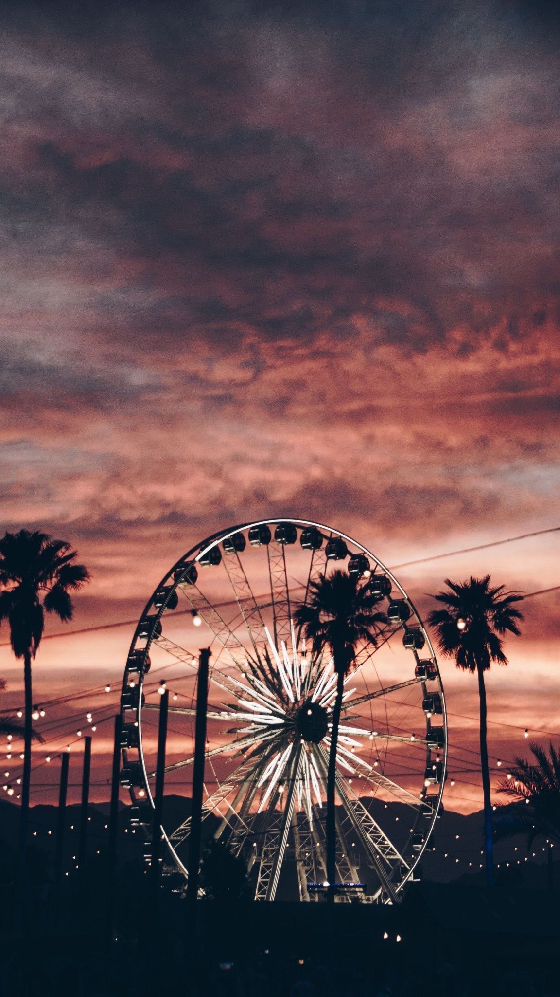 Riesenrad, Palmen, Silhouette, Sonnenuntergang, Dramatischer Himmel, Full HD, iPhone-Hintergrundbild
