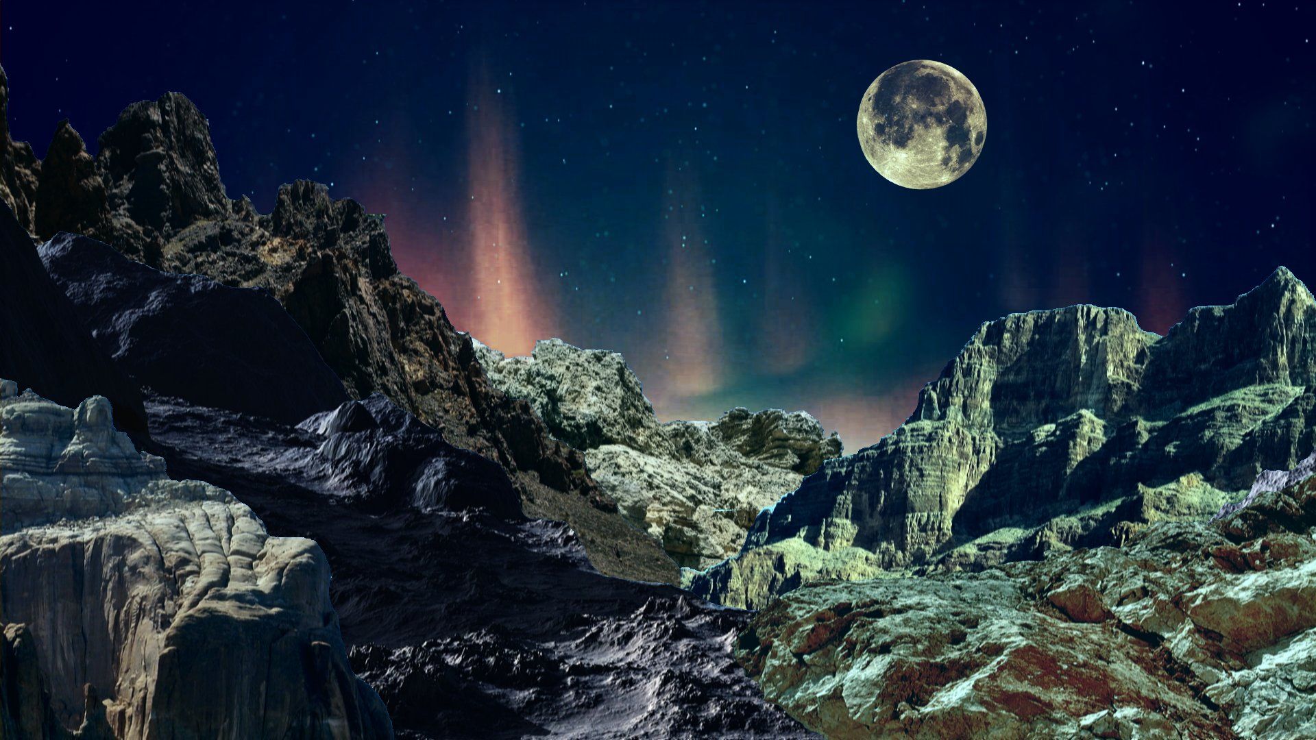 Polarlicht, Vollmond, Felsen, Nacht, Sternenhimmel, Fantasy, Full-HD-Hintergrundbild für PC