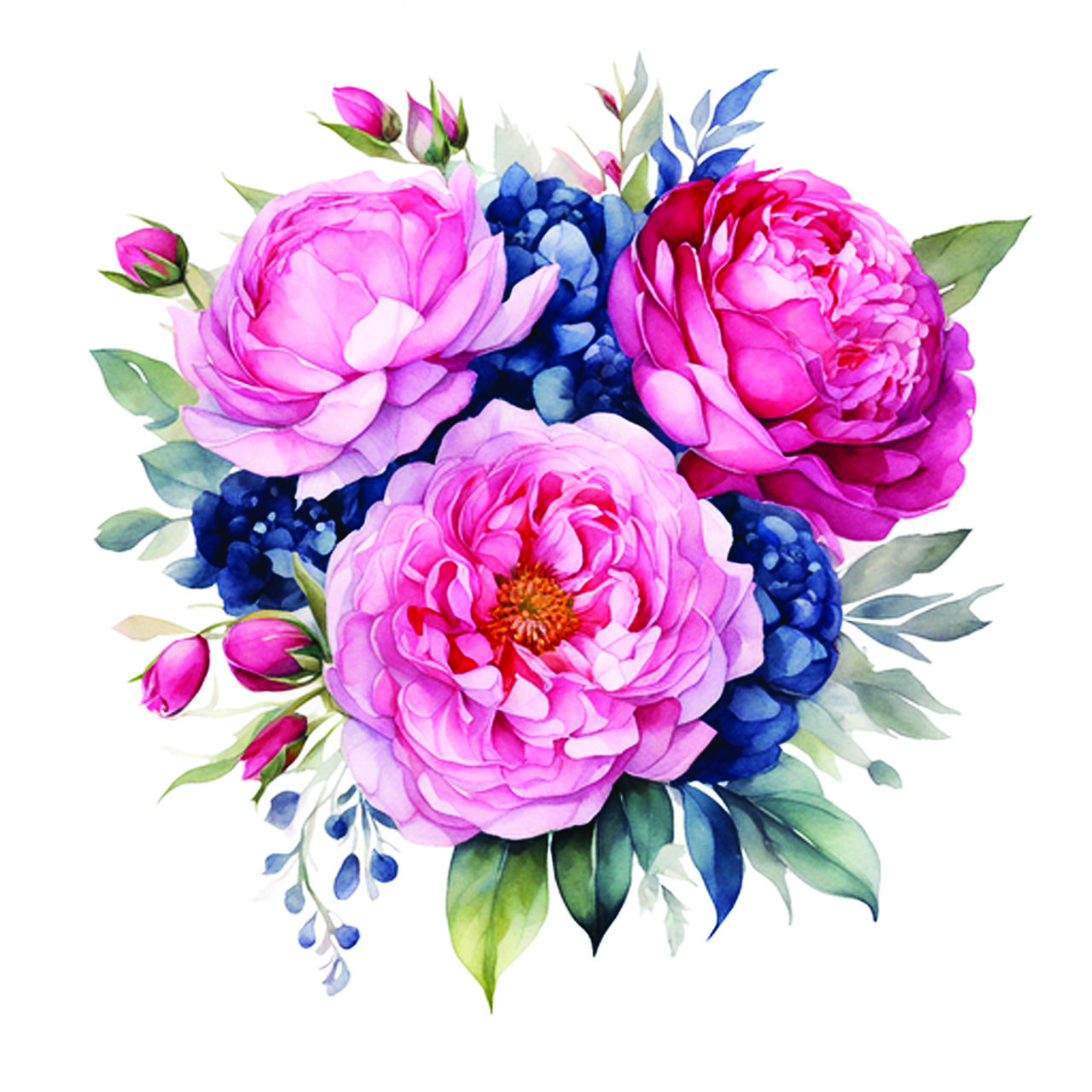 Blumenstrauß, Aquarell, Pink, Blaue Beeren, Weißer Hintergrund, HD Wallpaper