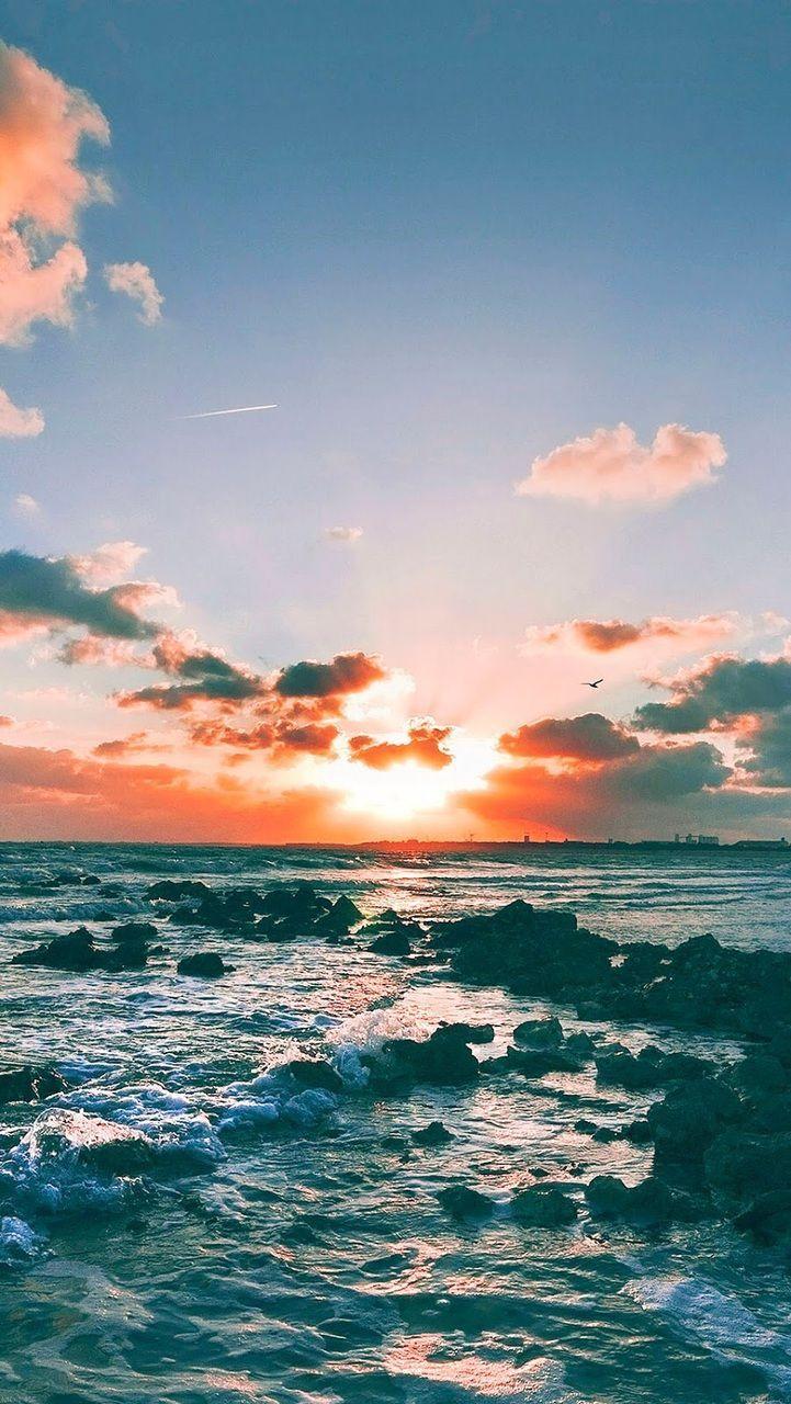 Meer, Sonnenuntergang, Wellen, Wolken, HD, Hintergrundbild fürs Handy