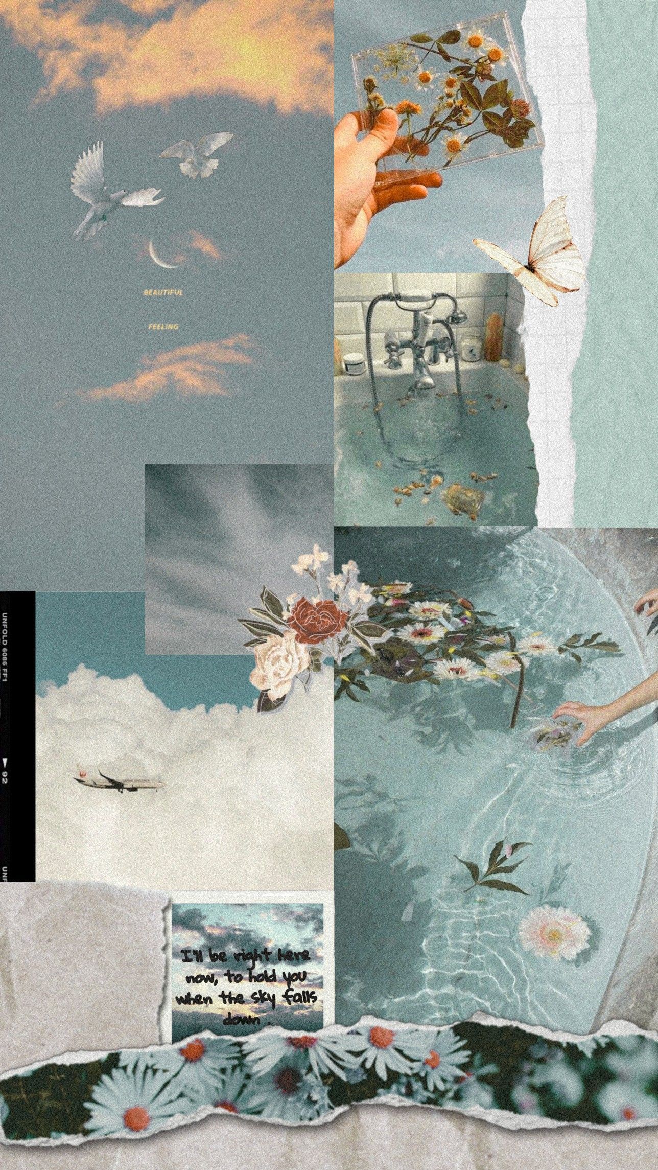 Collage, Mintgrün, Blumen, Vintage, Ästhetik, Full HD, Hintergrundbild fürs Handy