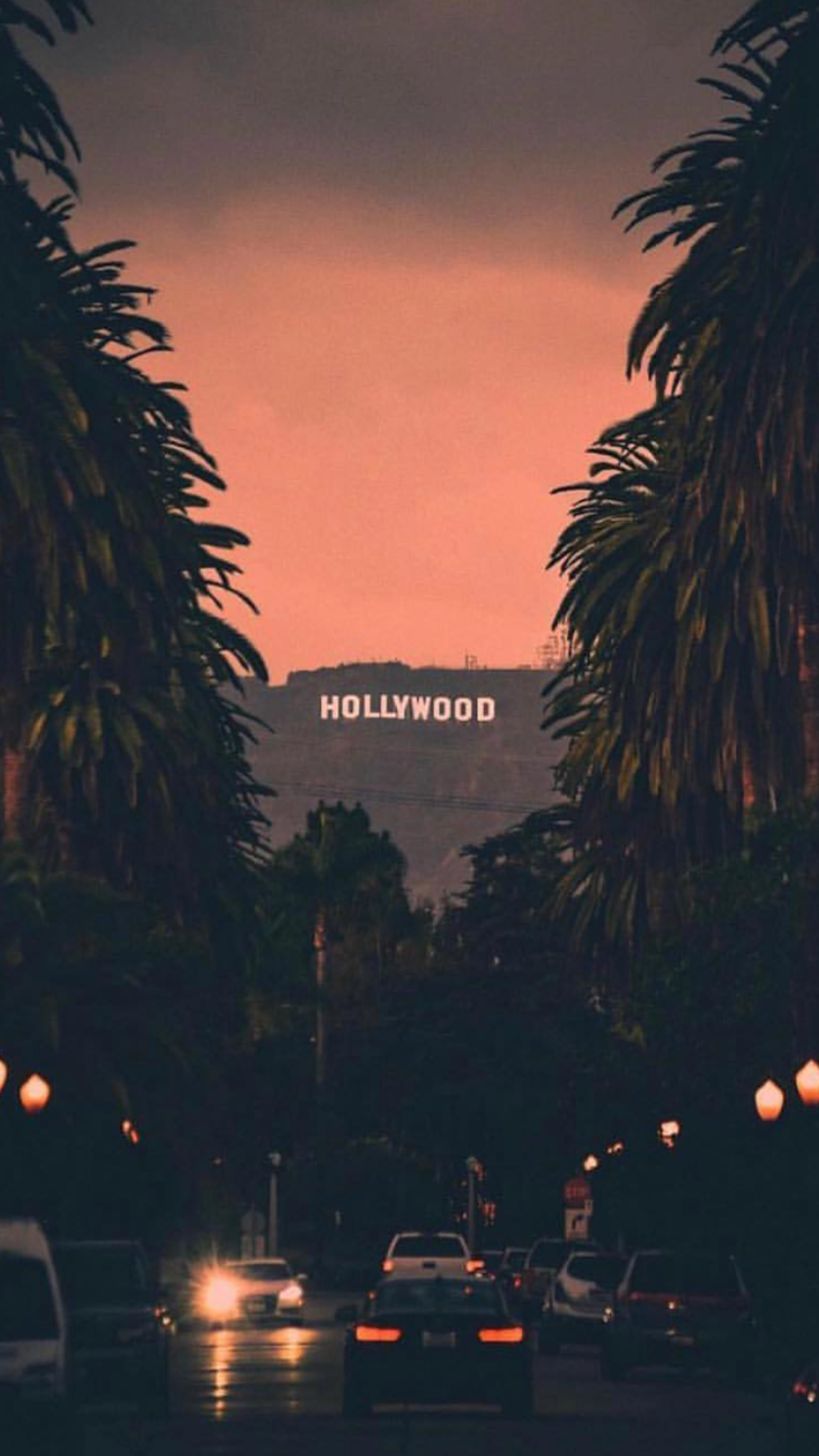 Hollywood Sign, Palmen, Straße, Abenddämmerung, Full HD, Hintergrundbild fürs Handy