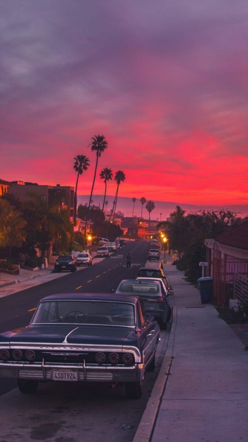 Oldtimer, Palmen, Sonnenuntergang, Pinker Himmel, Straße, HD, Handy-Hintergrundbild