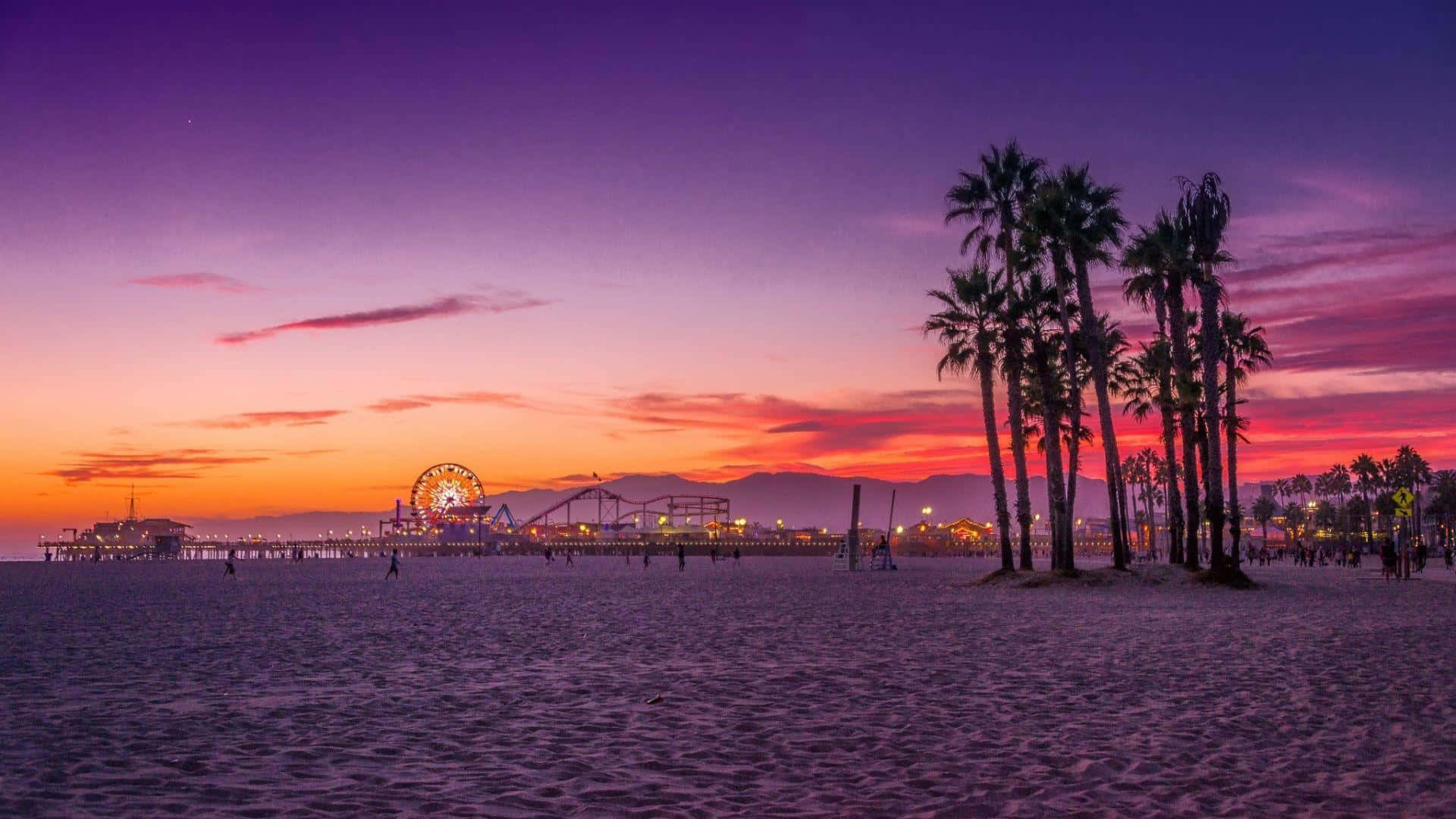 Santa Monica Pier, Santa Monica, Strand, Palmen, Sonnenuntergang, Full-HD-Hintergrundbild für PC