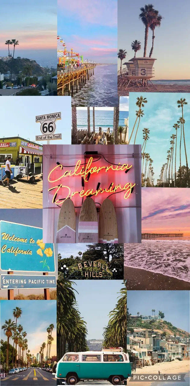 Collage, Route 66, Palmen, Ästhetik, Pastelltöne, Hochformat, Hintergrundbild fürs Smartphone