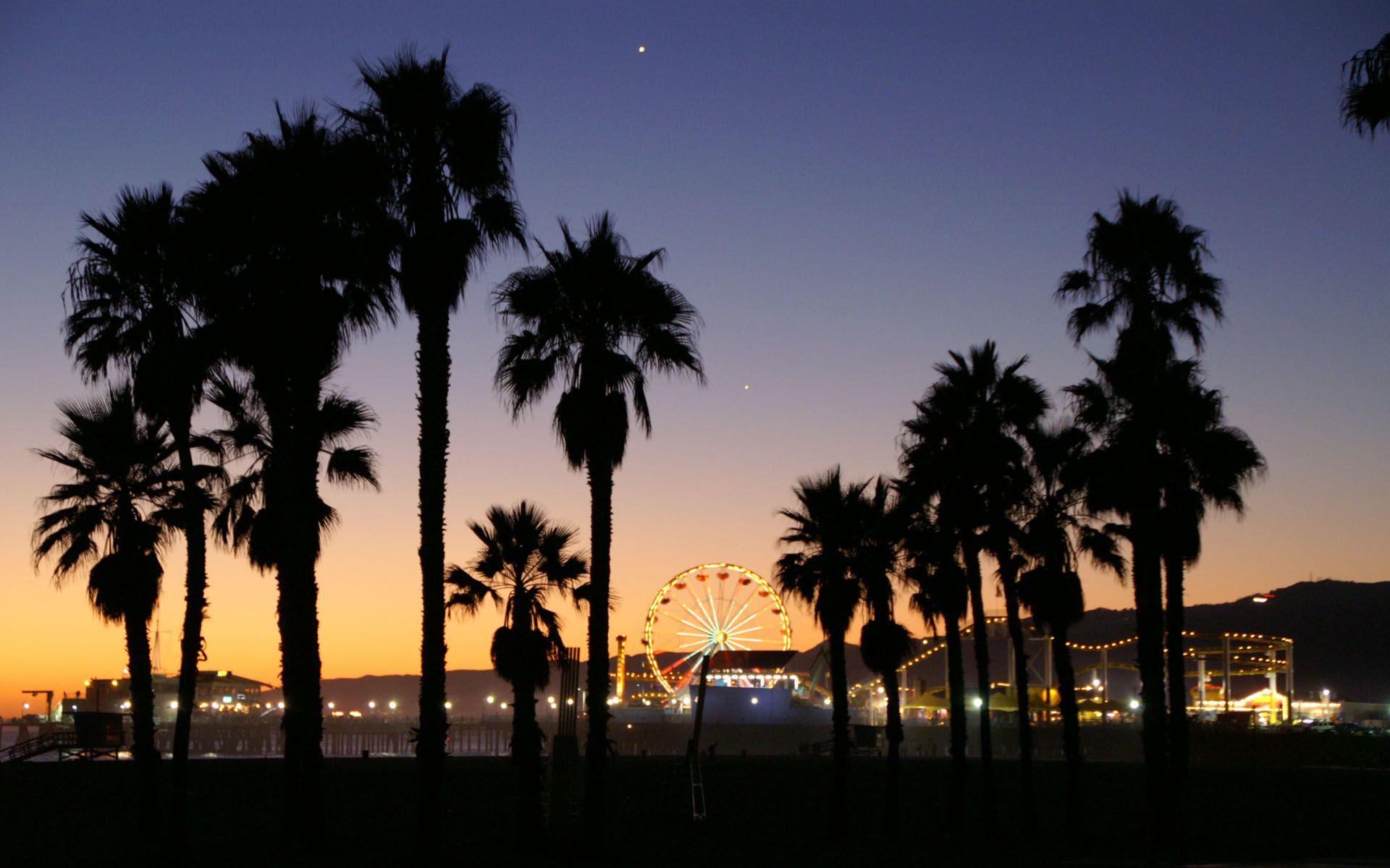 Palmen, Silhouetten, Riesenrad, Abenddämmerung, Santa Monica, Full HD, PC-Hintergrundbild