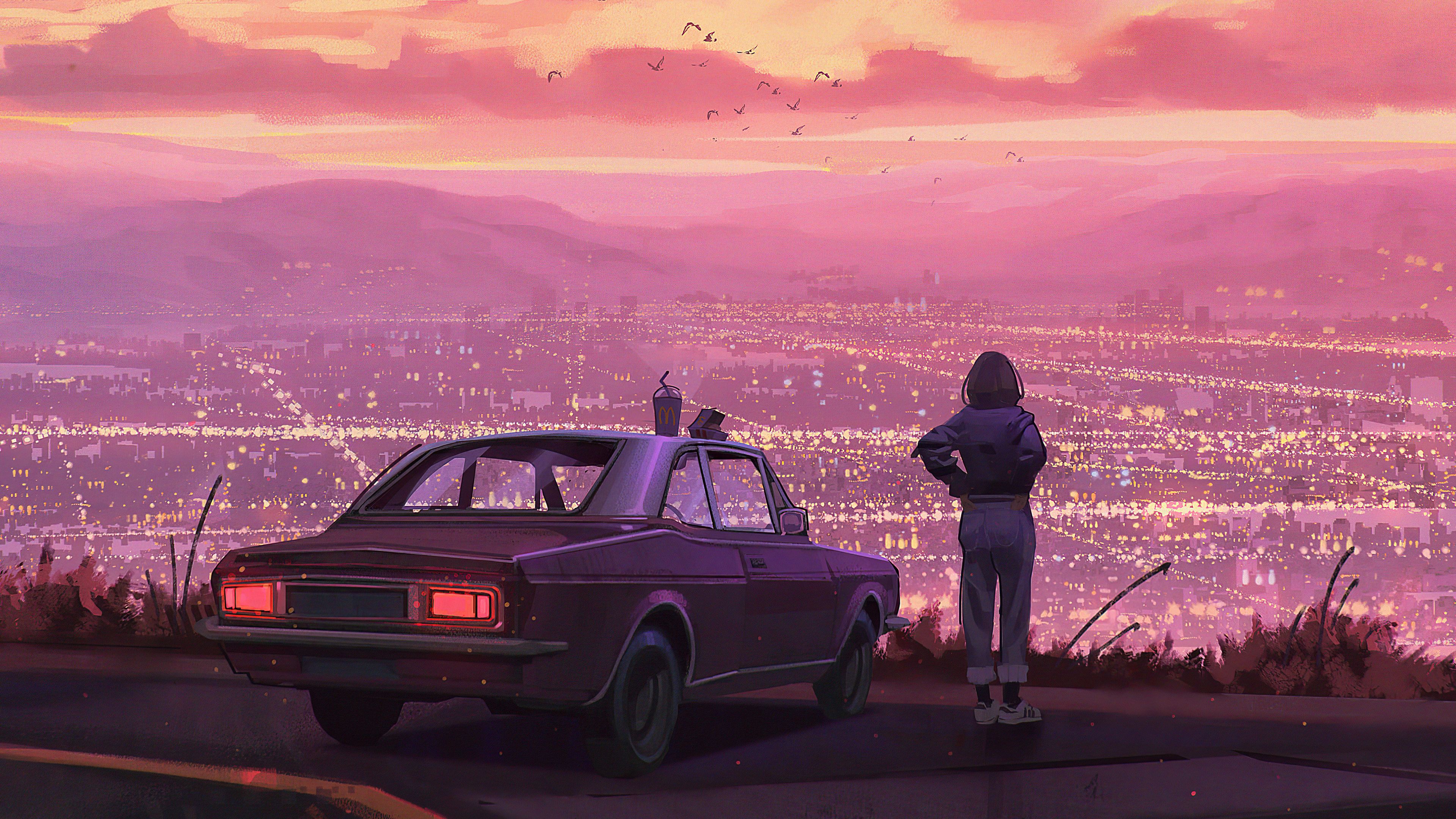 Stadtlichter, Auto, Mädchen, Illustration, Rosa Töne, 4K, Desktop-Hintergrund für Windows