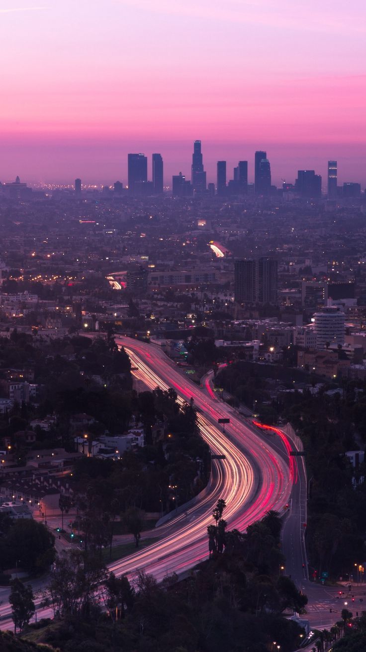 Los Angeles, Skyline, Lichtspuren, Abenddämmerung, Rosa Himmel, HD, Handy-Hintergrund