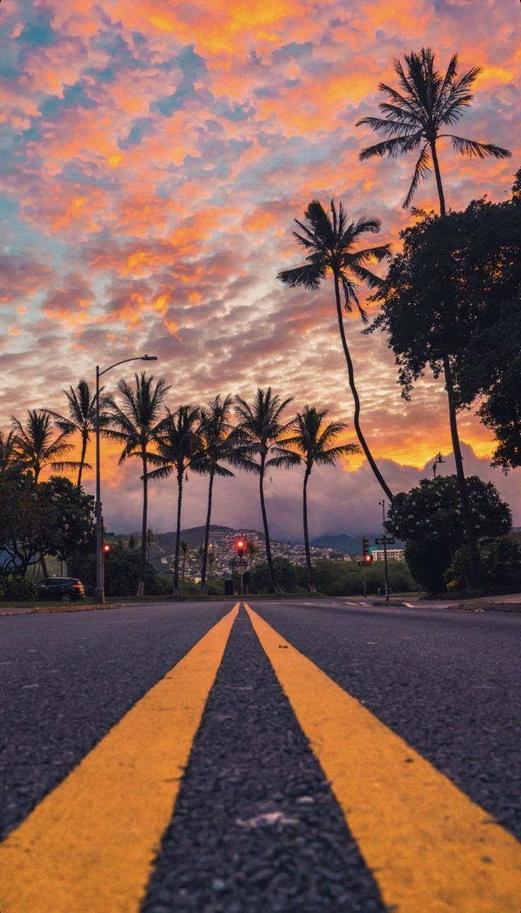 Straße, Palmen, Gelbe Fahrbahnmarkierung, Sonnenuntergang, Wolken, Hintergrundbild fürs Handy