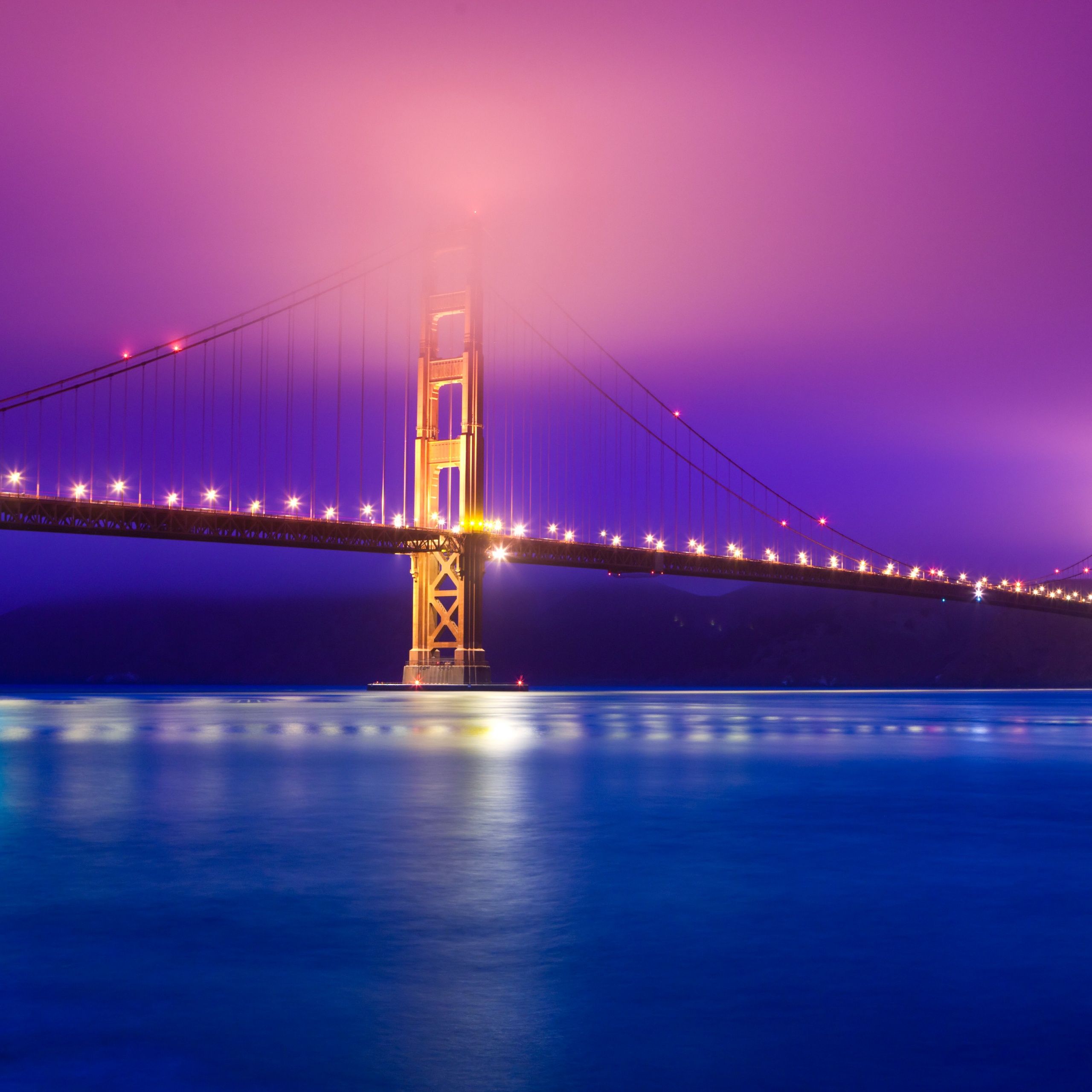 Golden Gate Bridge, San Francisco, Nebel, Nacht, Lila Töne, Hintergrundbild fürs Tablet