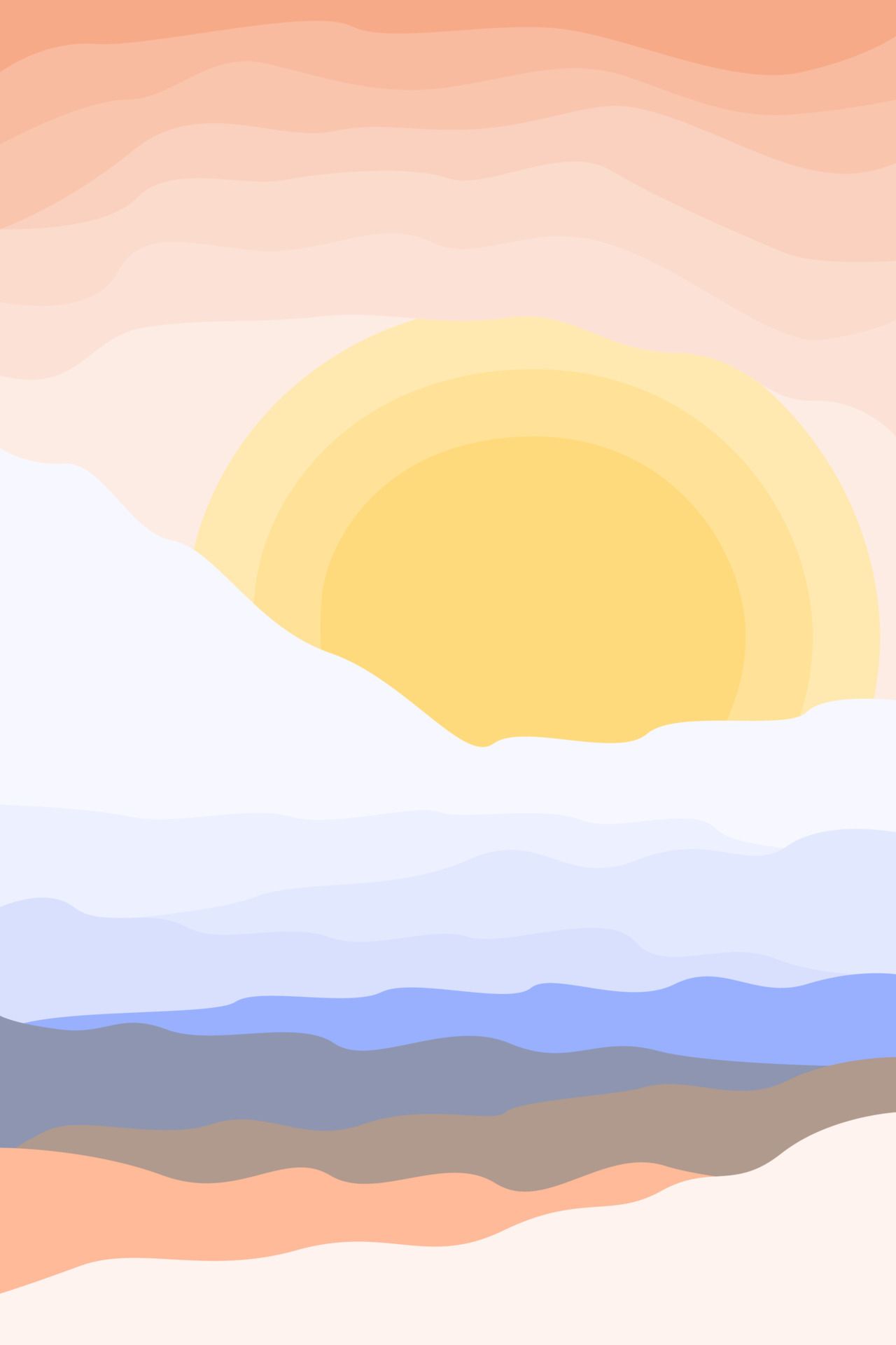 Sonne, Wolken, Berge, Pastellfarben, Abstrakte Landschaft, Full HD, Handy-Hintergrund