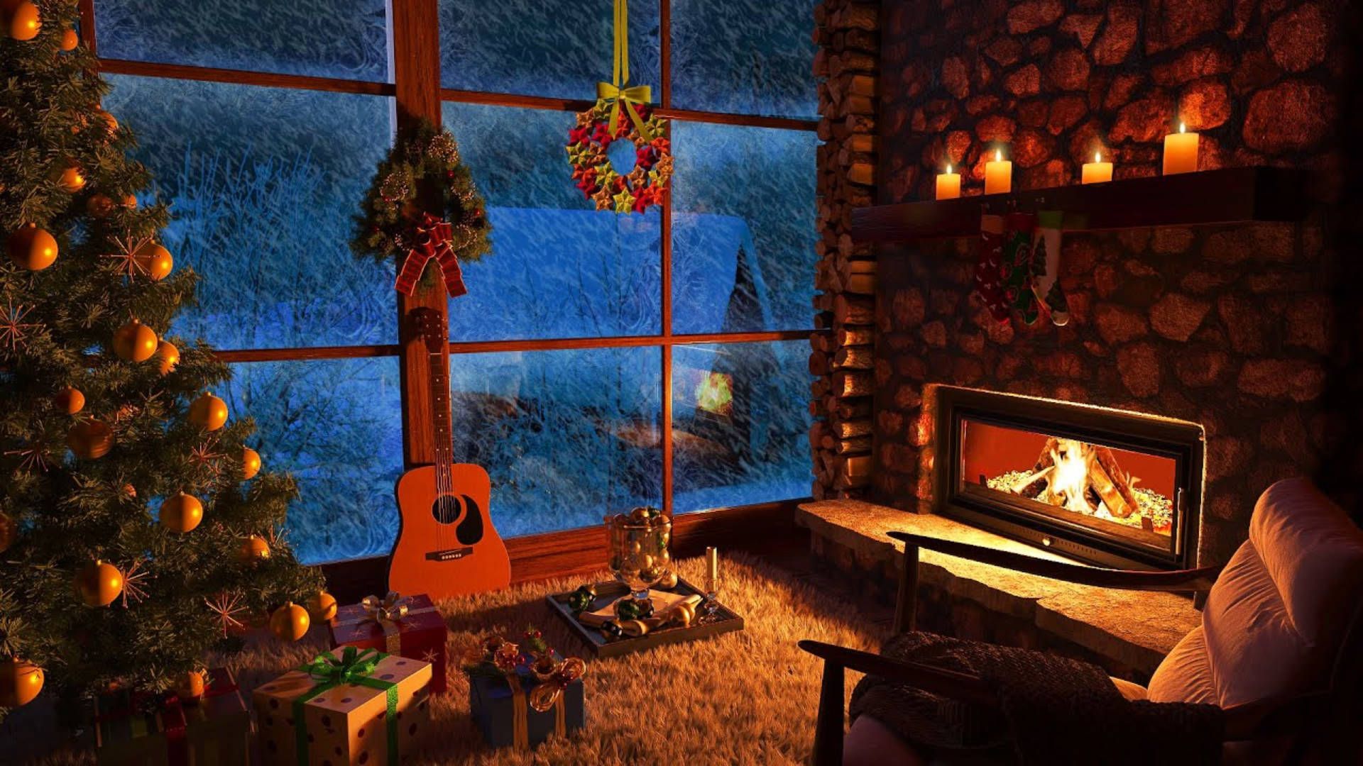 Kamin, Weihnachtsbaum, Gitarre, Fenster, Wohnzimmer, Winterabend, 1920x1080, Desktop-Hintergrund