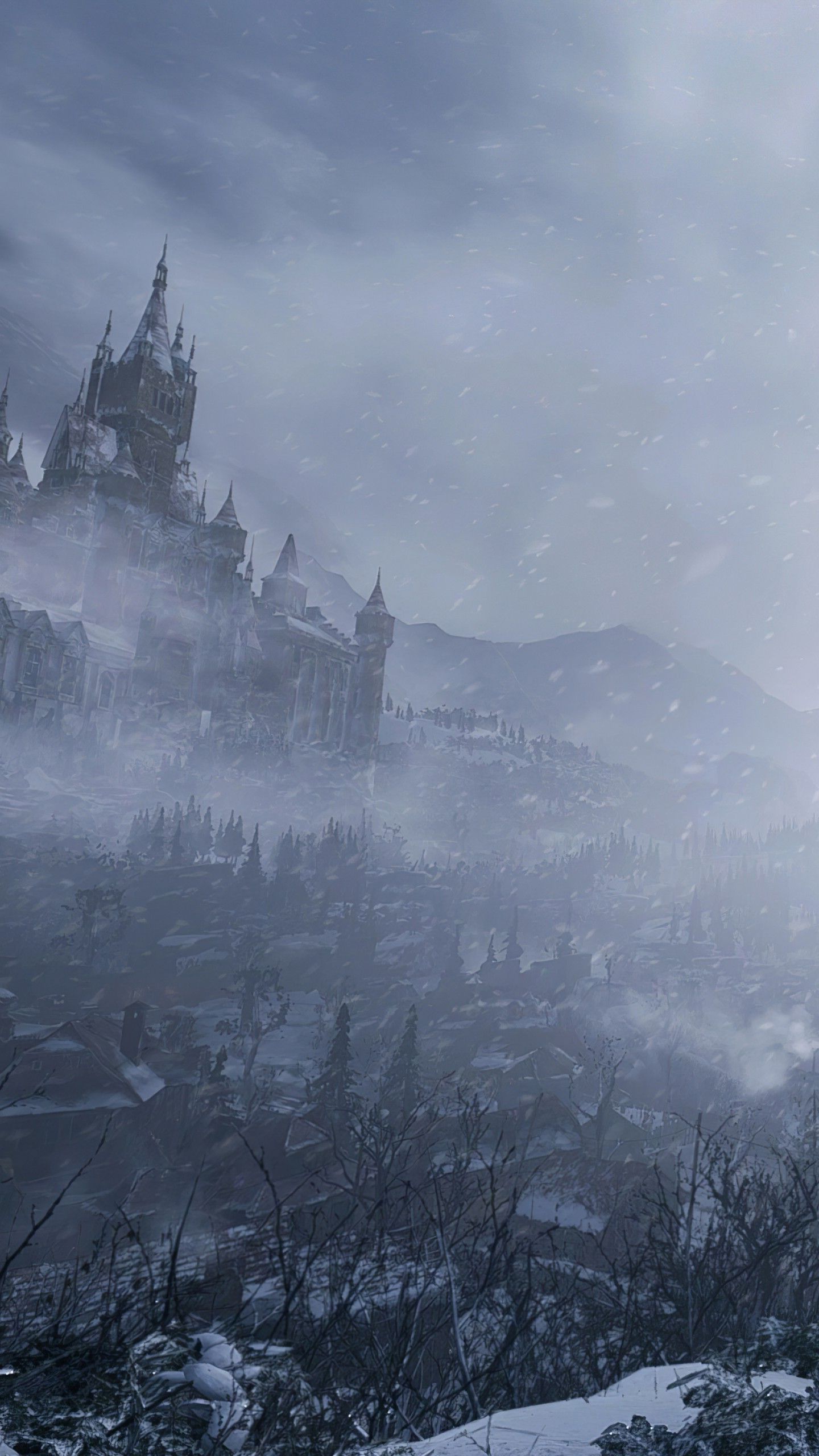 Resident Evil Village, Schloss Dimitrescu, Winterlandschaft, Nebel, Düster, QHD+, iPhone-Hintergrundbild