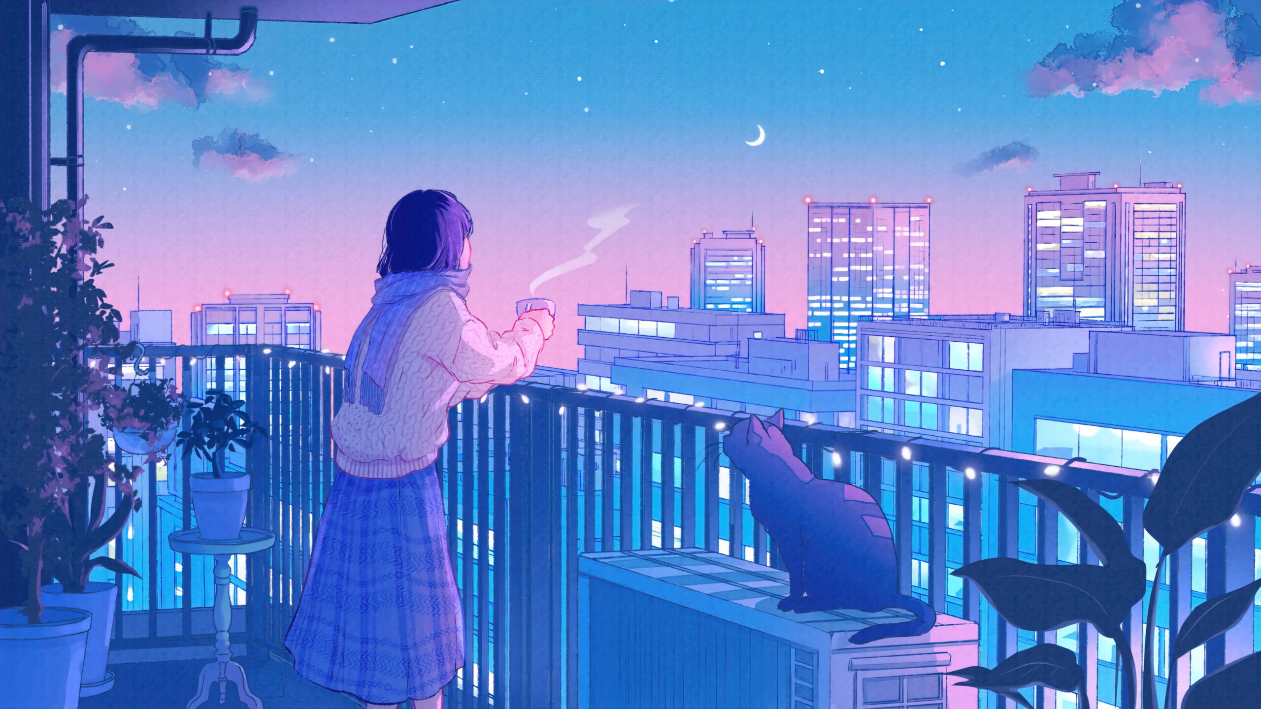 Lofi, Anime-Mädchen, Balkon, Katze, Stadt, 16:9, 2K-Hintergrundbild für den Desktop