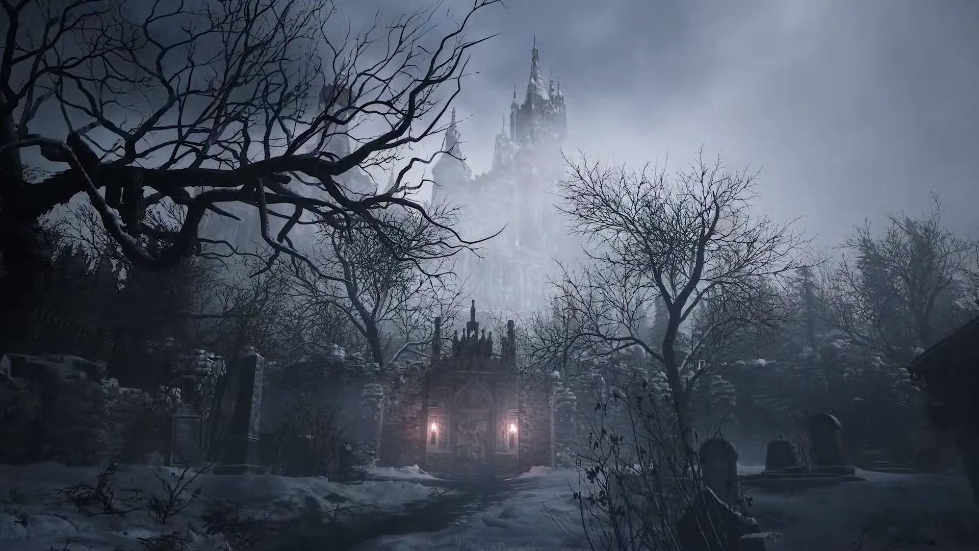 Resident Evil Village, Kahle Bäume, Friedhof, Nebel, Horror, Full-HD-Hintergrundbild für PC