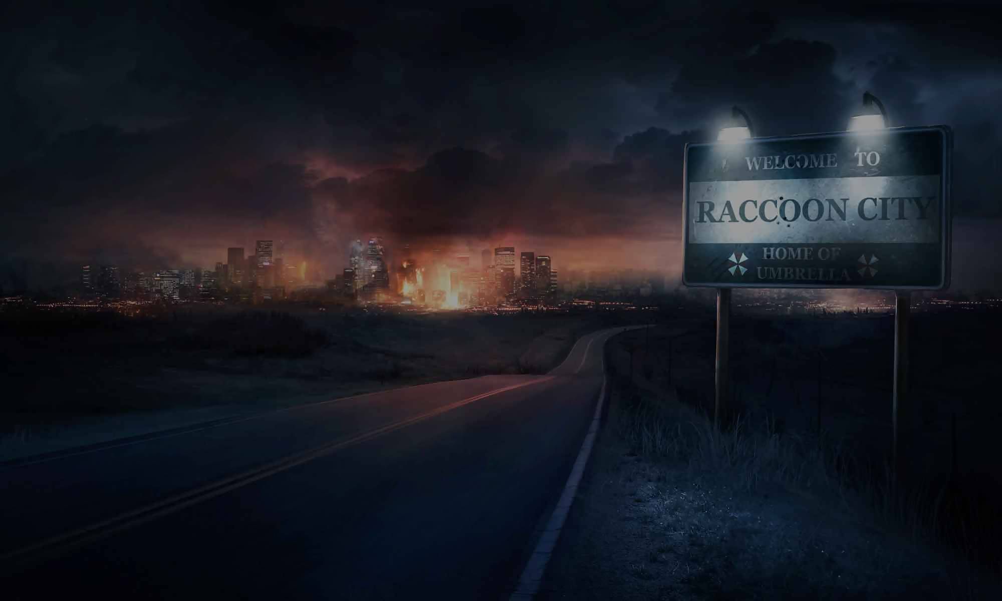 Raccoon City, Ortsschild, Brennende Stadt, Straße, Nacht, Full HD, Windows-Hintergrundbild