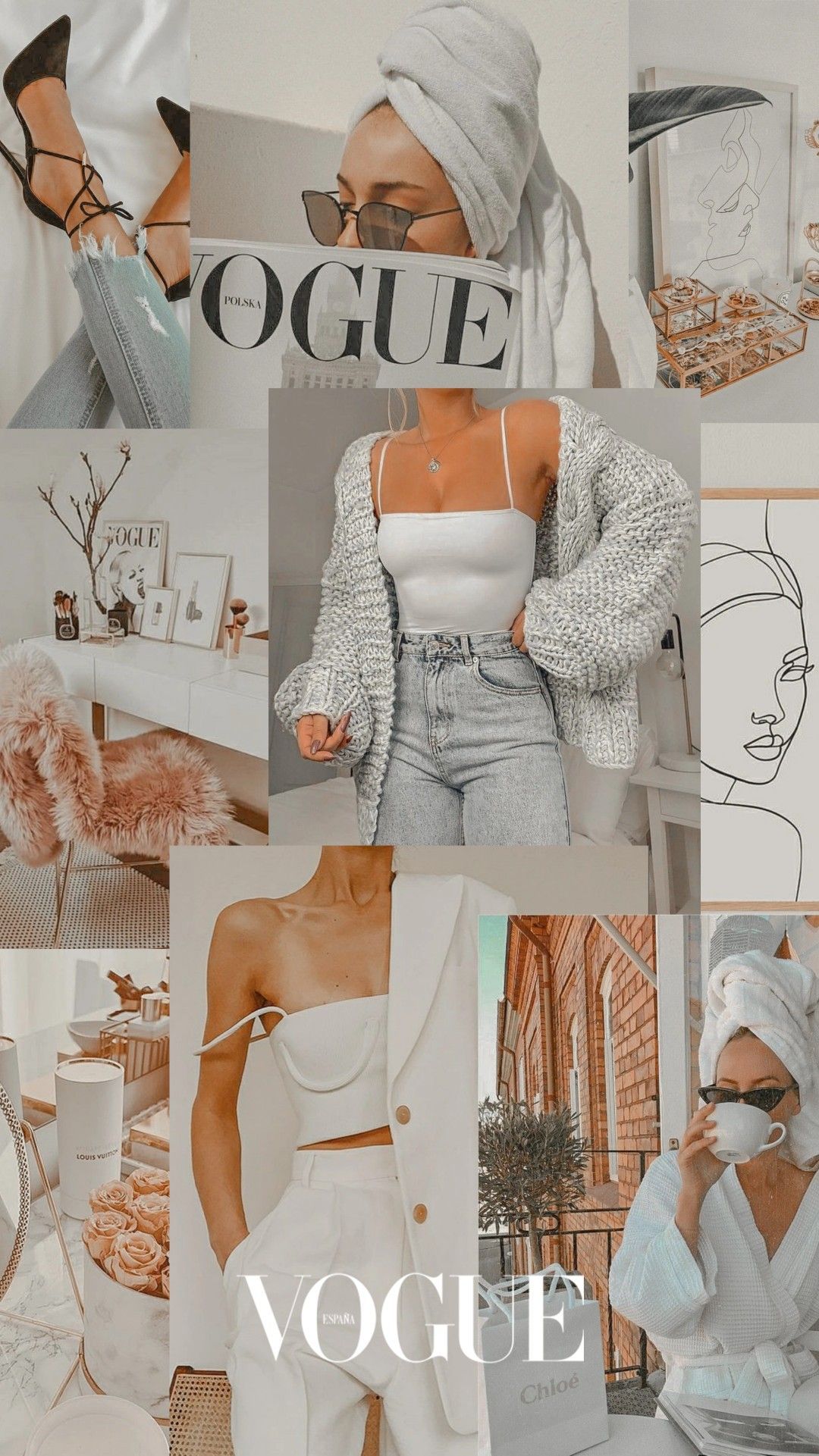 Vogue, Collage, Mode, Frauen, Beige, Aesthetic, Full HD, Hintergrundbild fürs Handy