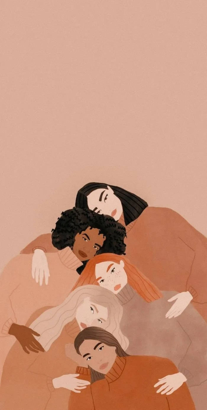 Frauen, Illustration, Umarmung, Erdtöne, Vielfalt, Hintergrundbild für iPhone und Android