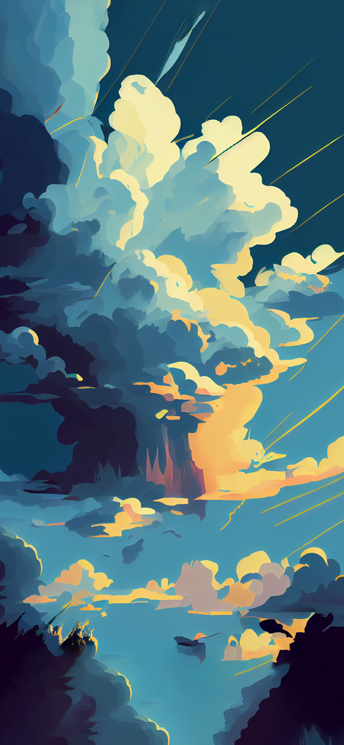 Wolken, Gemälde, Blau, Gelb, Hintergrundbild für iPhone und Android