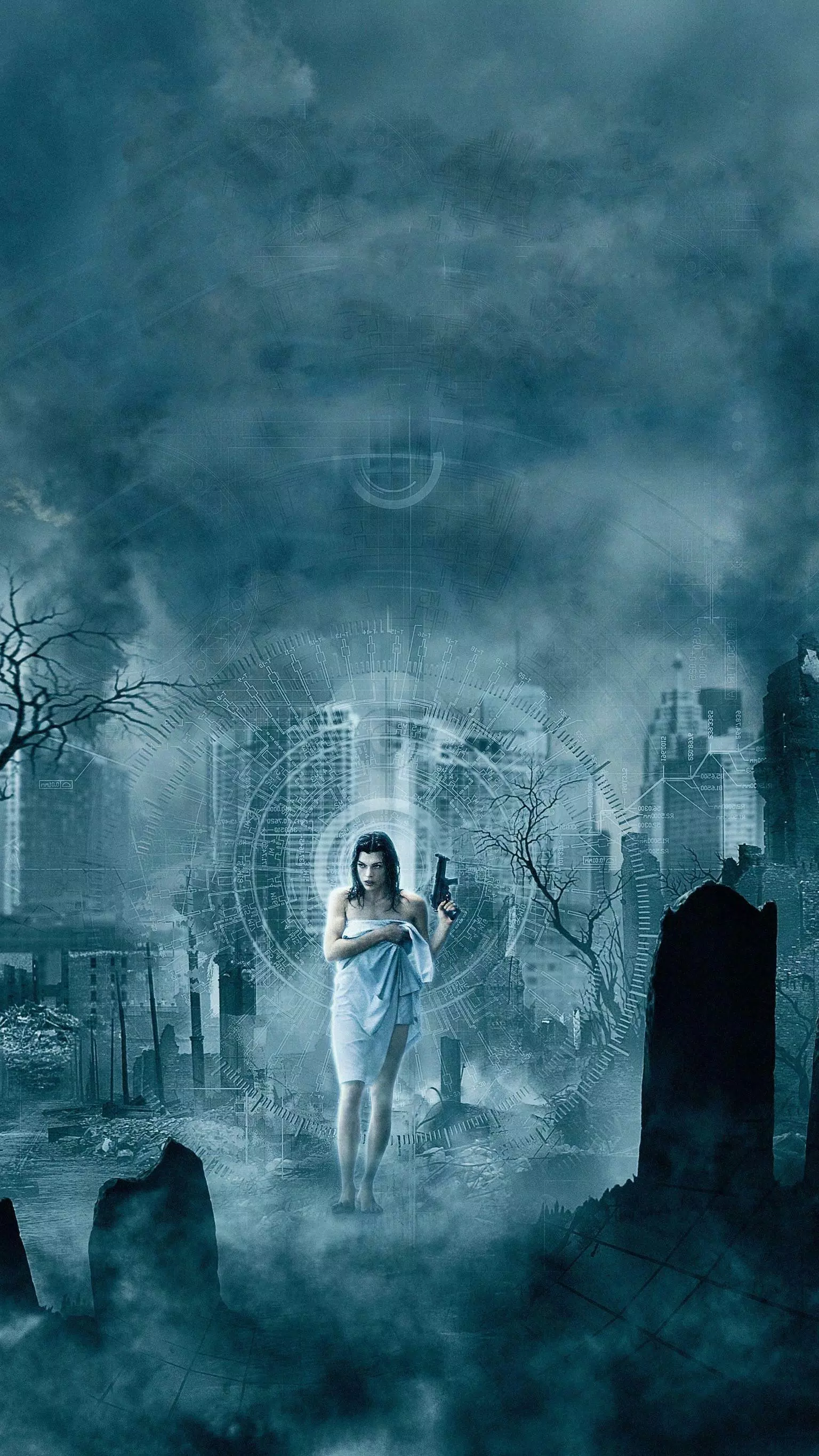 Resident Evil, Friedhof, Nebel, Weiße Gestalt, Türkis, Hintergrundbild für iPhone und Android