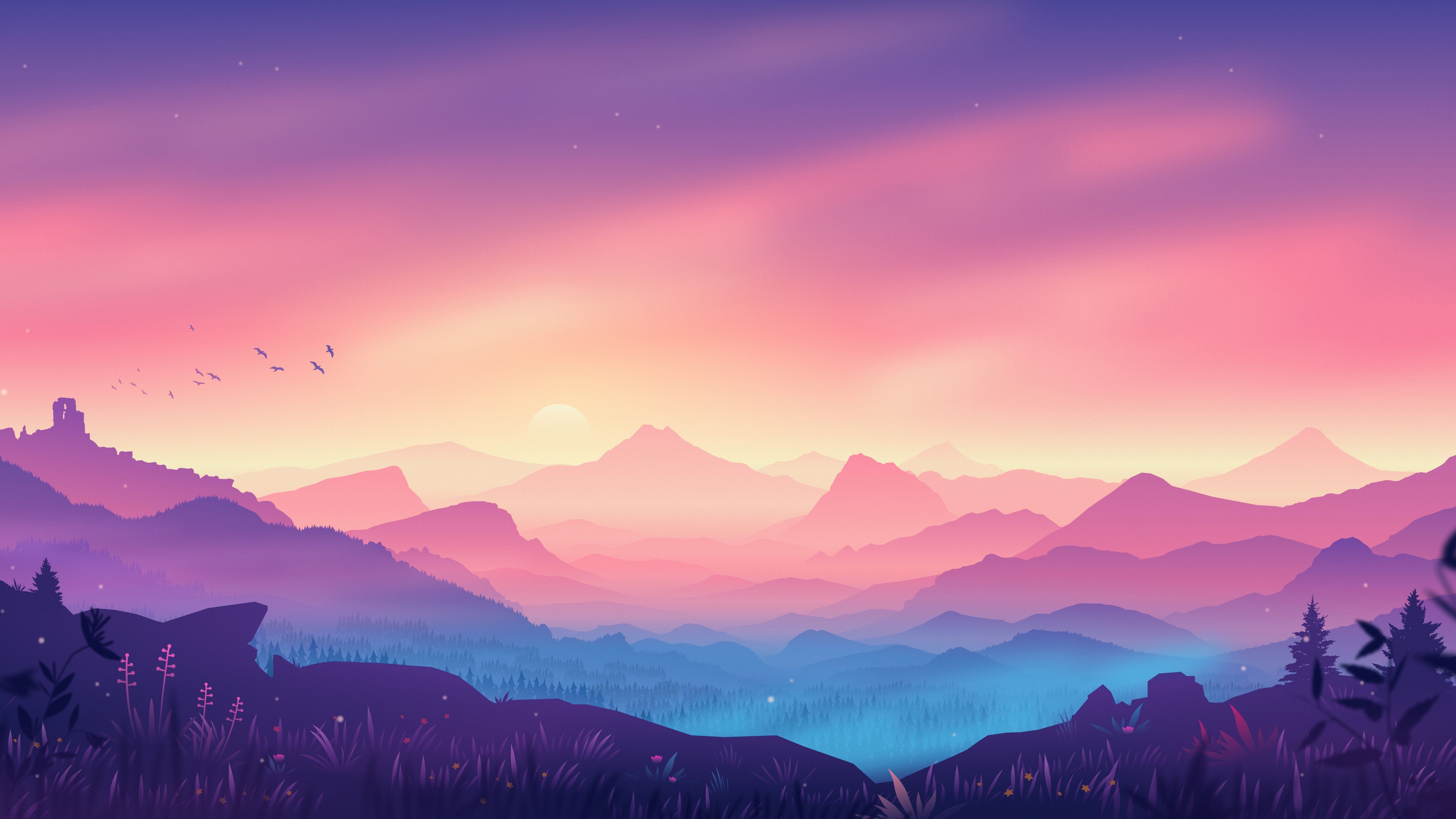 Berge, Sonnenuntergang, Rosa Himmel, Vögel, Landschaft, 5K, Desktop-Hintergrund für Windows