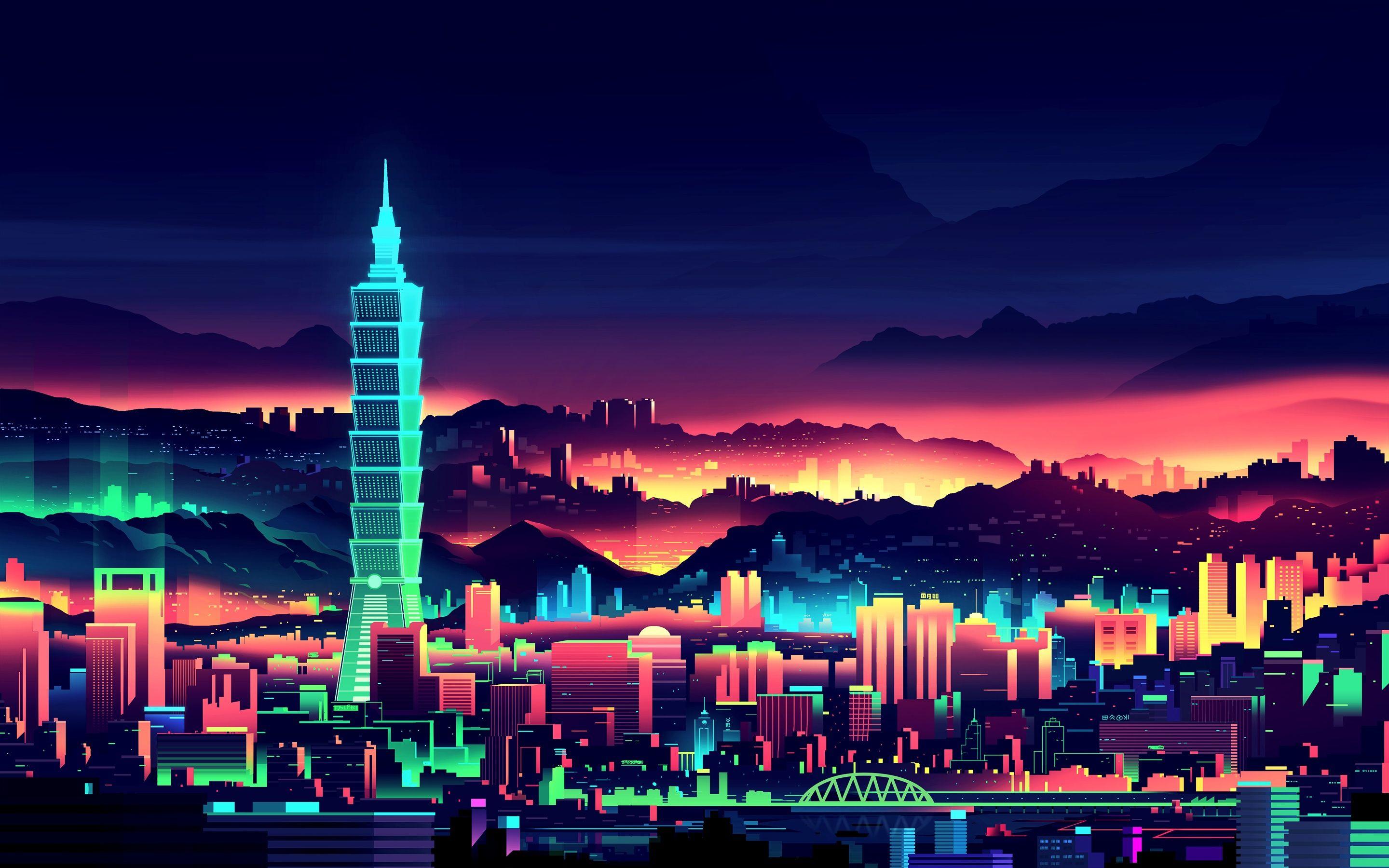 Taipei 101, Taipeh, Taiwan, Skyline, Neon, Nacht, 16:10, 2K-Hintergrundbild für den Desktop
