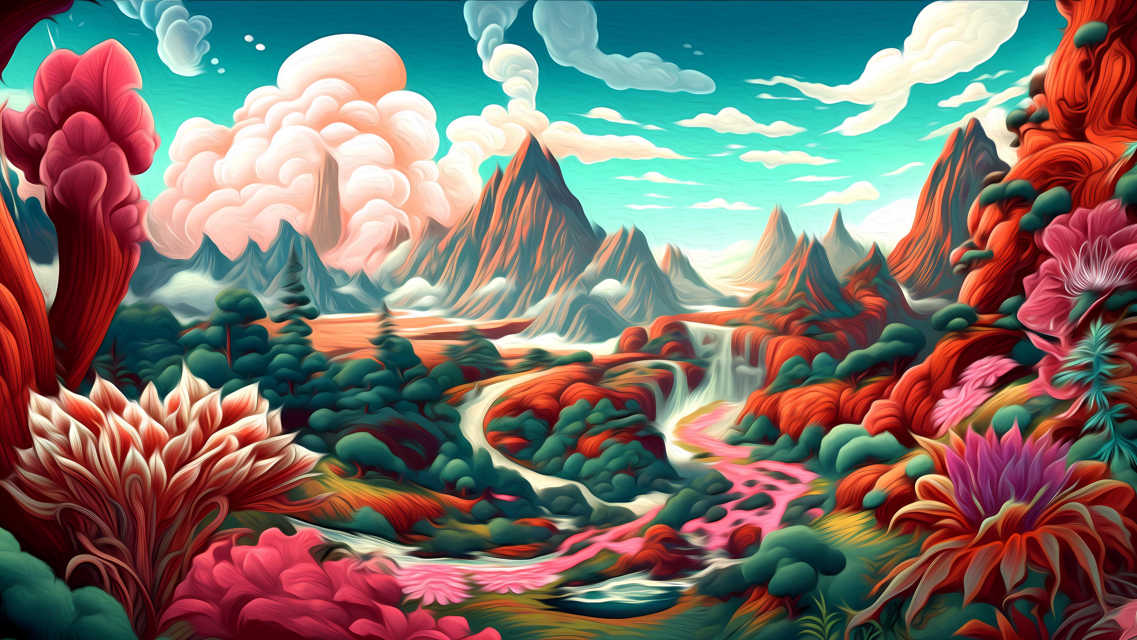 Fantasielandschaft, Berge, Fluss, Pflanzen, Bunt, 4K, Desktop-Hintergrund für Windows