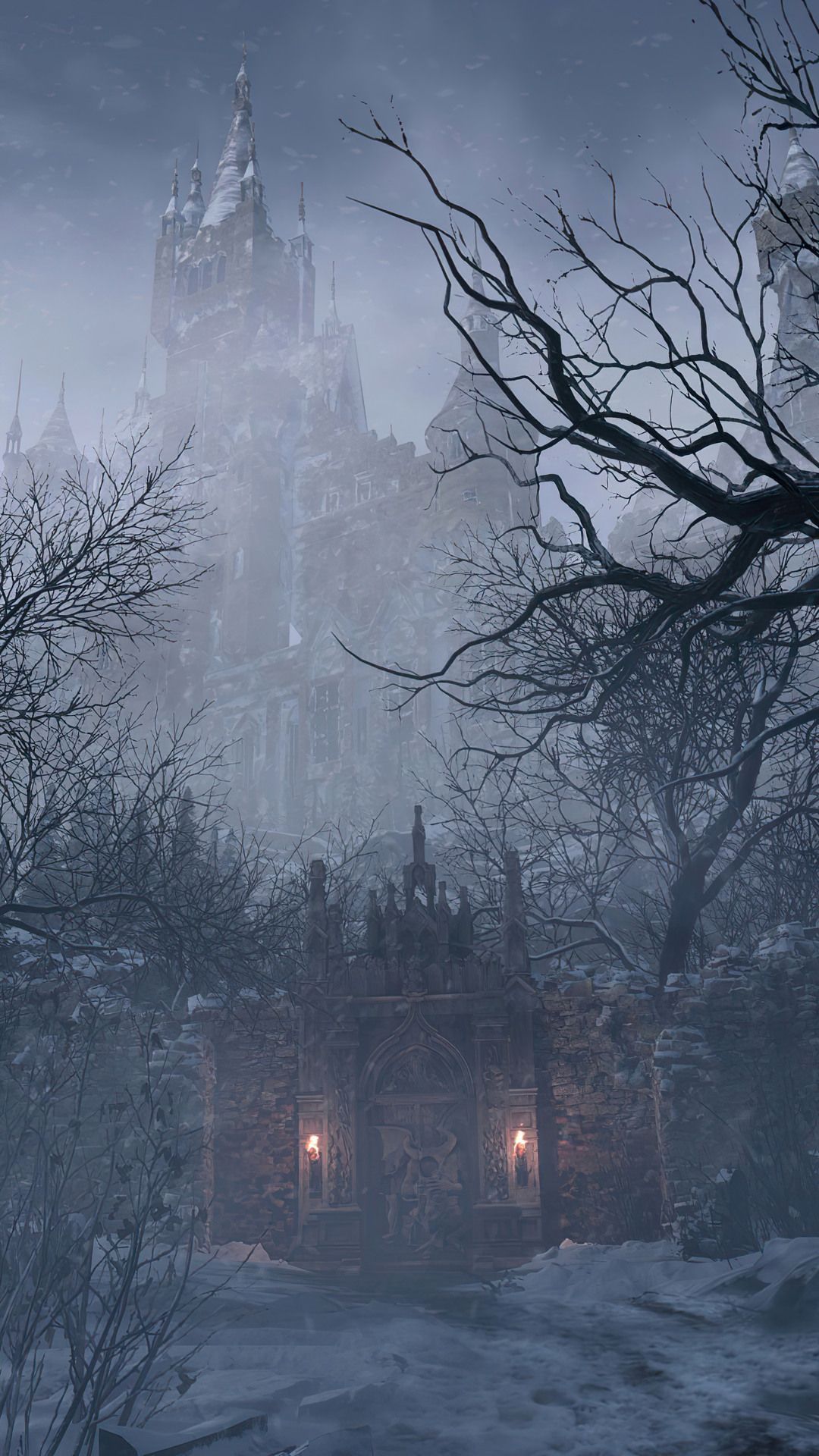 Resident Evil Village, Schloss Dimitrescu, Kahle Bäume, Winter, Full HD, iPhone-Hintergrundbild