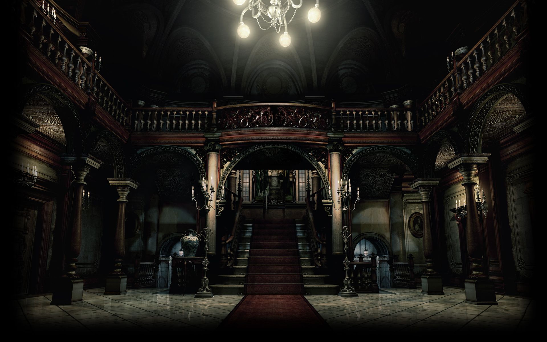 Spencer-Anwesen, Eingangshalle, Treppe, Kronleuchter, Resident Evil, Full HD, MacBook-Hintergrundbild