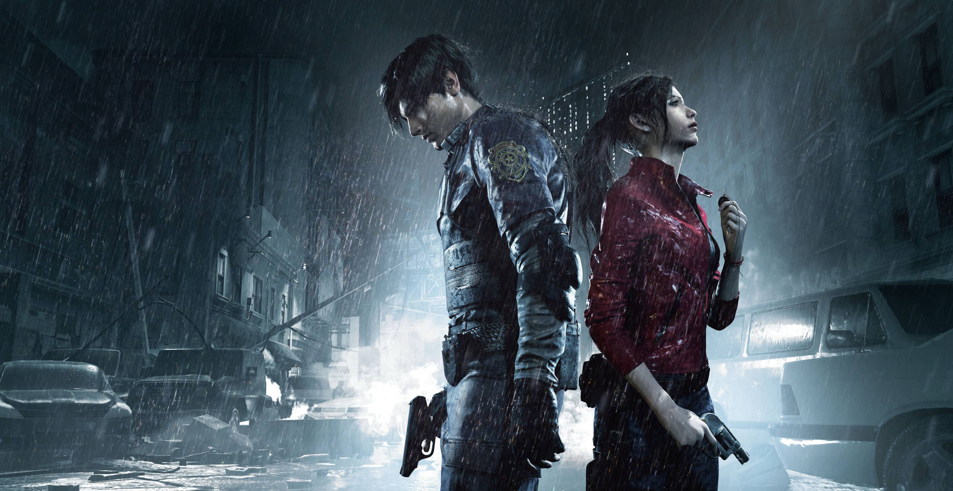 Resident Evil 2, Leon S. Kennedy, Claire Redfield, Regen, Nacht, Full HD, Desktop-Hintergrund
