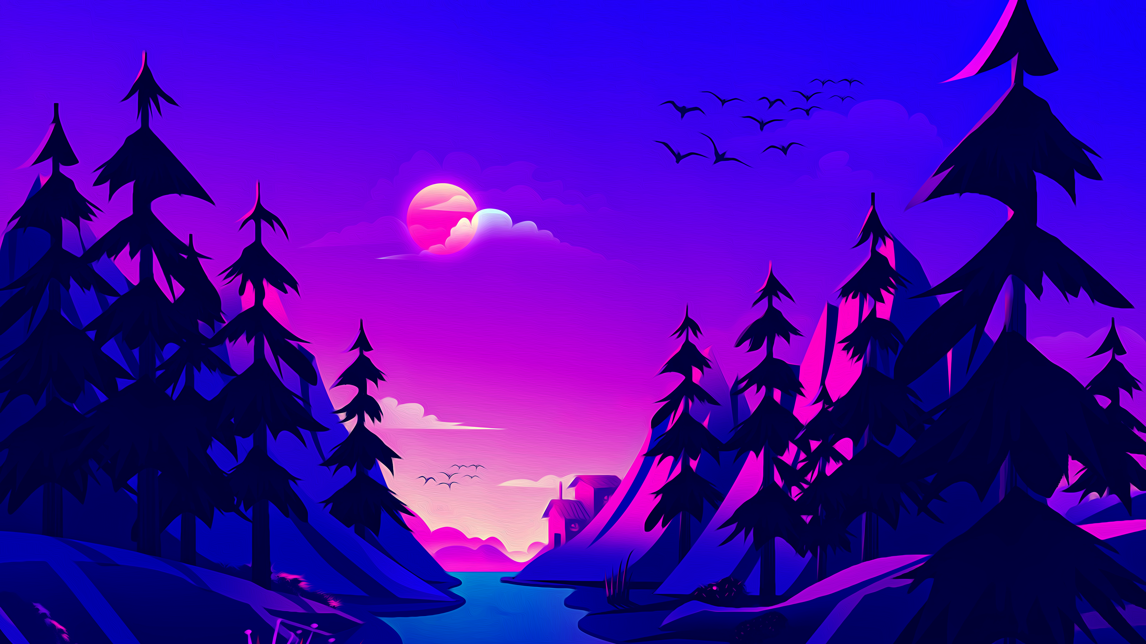 Wald, Tannen, Mond, Vögel, Lila, Vektorgrafik, 3840x2160, 4K-Hintergrundbild für PC