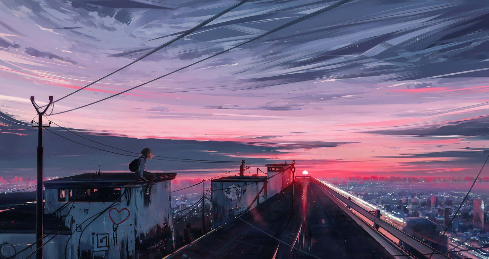 Dächer, Stromleitungen, Sonnenuntergang, Anime-Stil, Stadt, Full HD, Desktop-Hintergrund