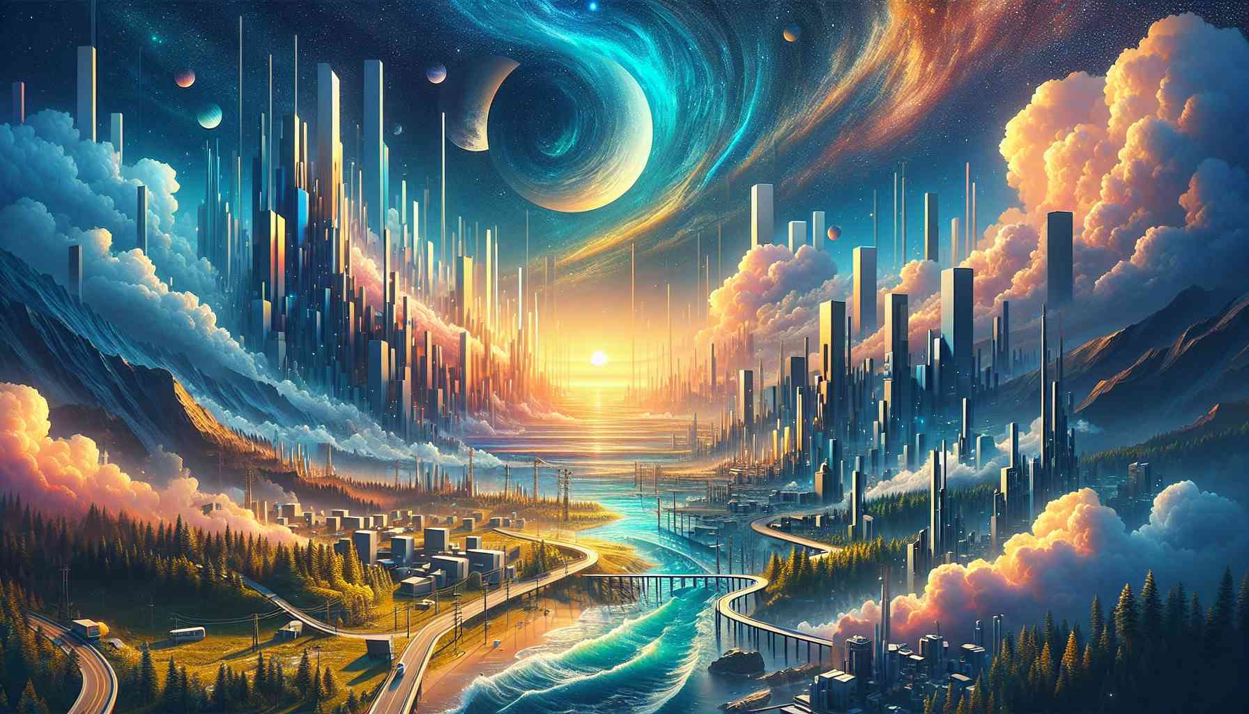 Fantasiestadt, Wirbelhimmel, Fluss, Wolkenkratzer, Digitale Kunst, HD, Laptop-Hintergrundbild