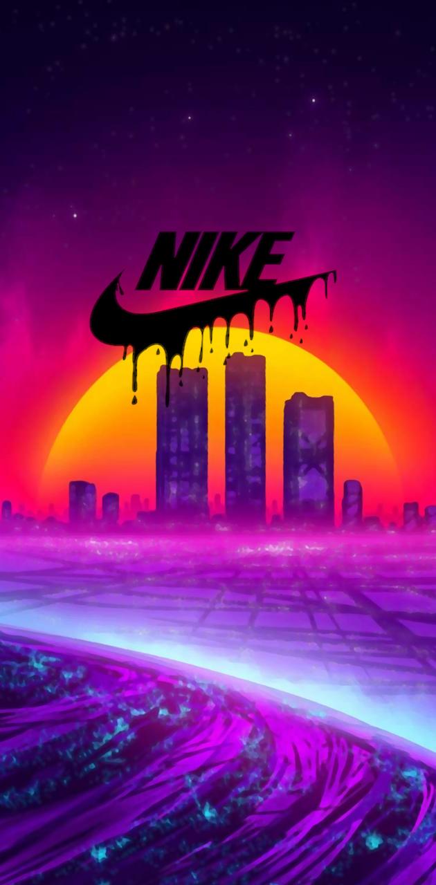 Nike-Logo, Synthwave, Retrowave, Sonnenuntergang, Lila, Hochformat, Hintergrundbild fürs Smartphone