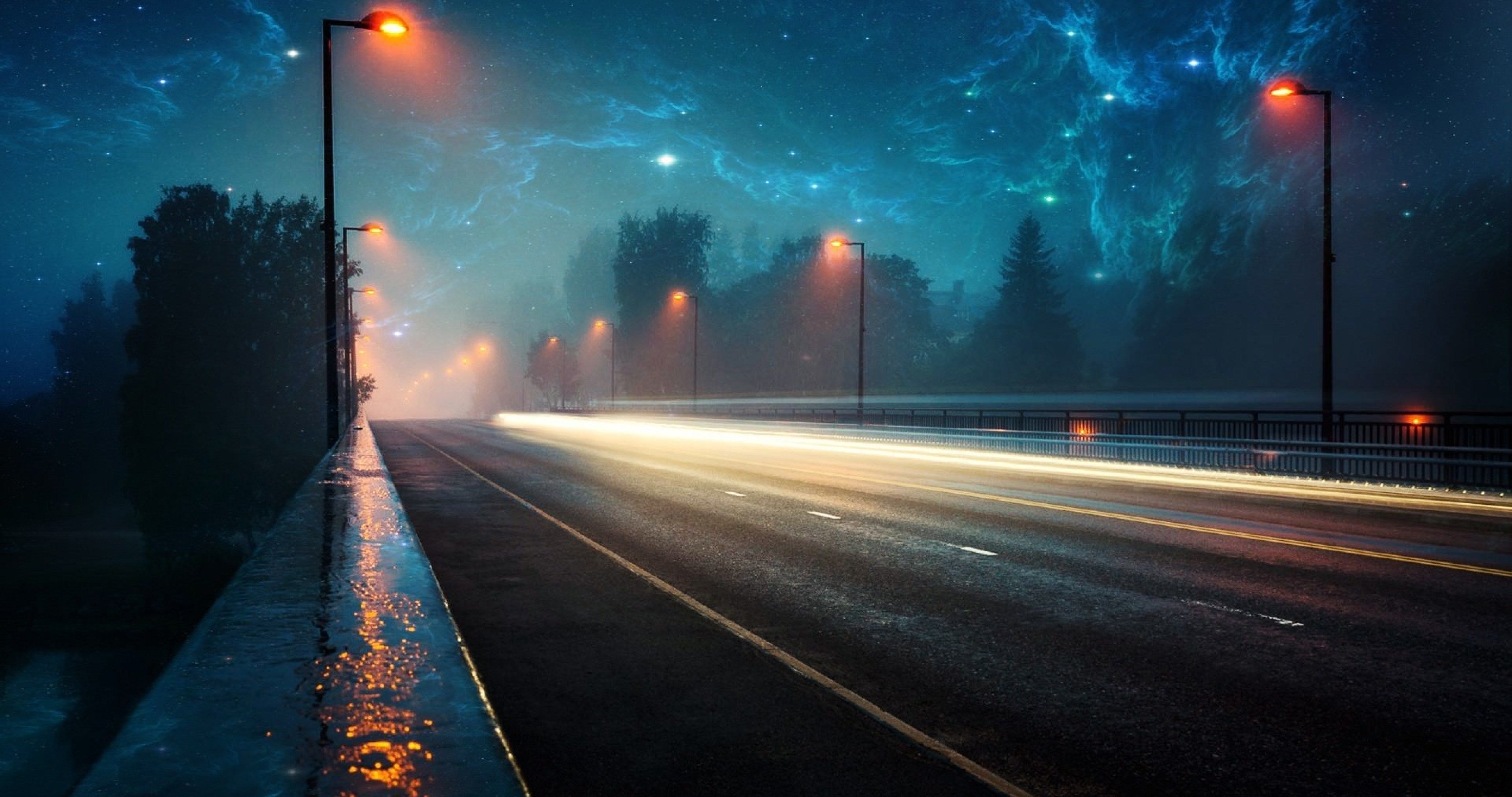 Straße, Lichtspuren, Nebel, Straßenlaternen, Nacht, 4K, Hintergrund für den Desktop