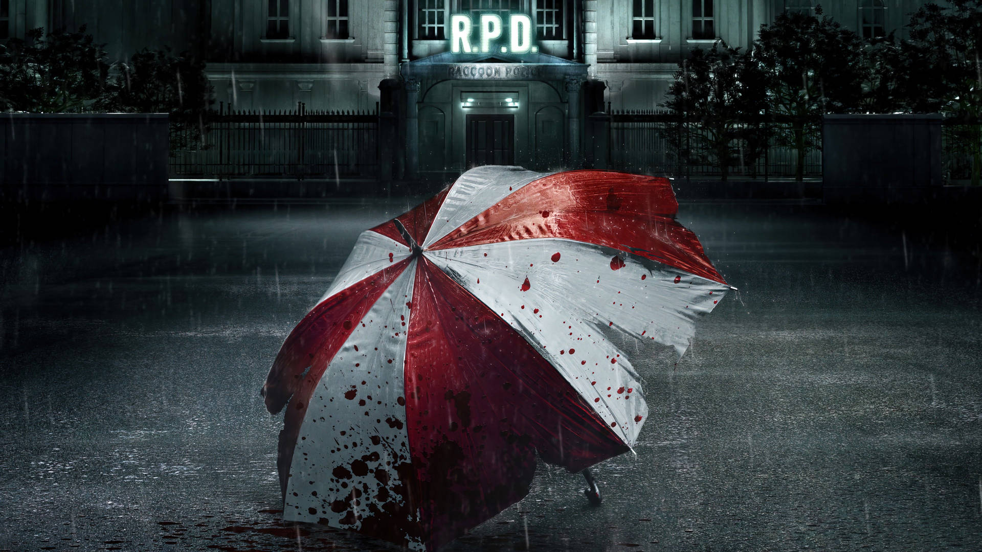 Umbrella Corporation, R.P.D., Regenschirm, Blut, Regen, Full HD, Desktop-Hintergrund für Windows