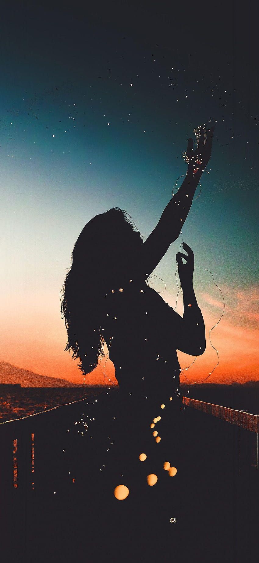 Frau, Silhouette, Sonnenuntergang, Lichterkette, Bokeh, HD, Sperrbildschirm fürs iPhone