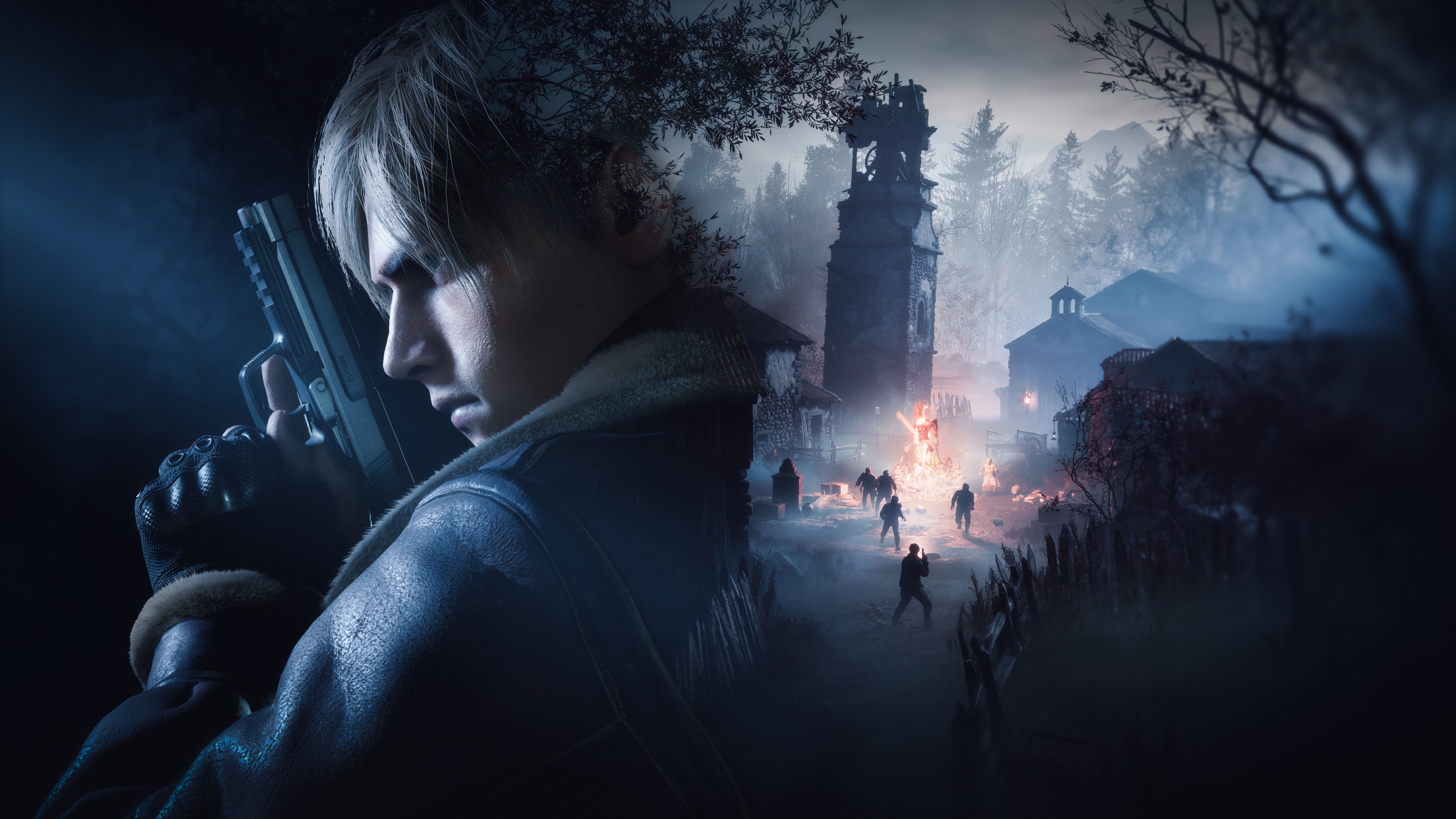 Leon S. Kennedy, Resident Evil 4, Pistole, Dorf, Nacht, 8K, Desktop-Hintergrund für Windows