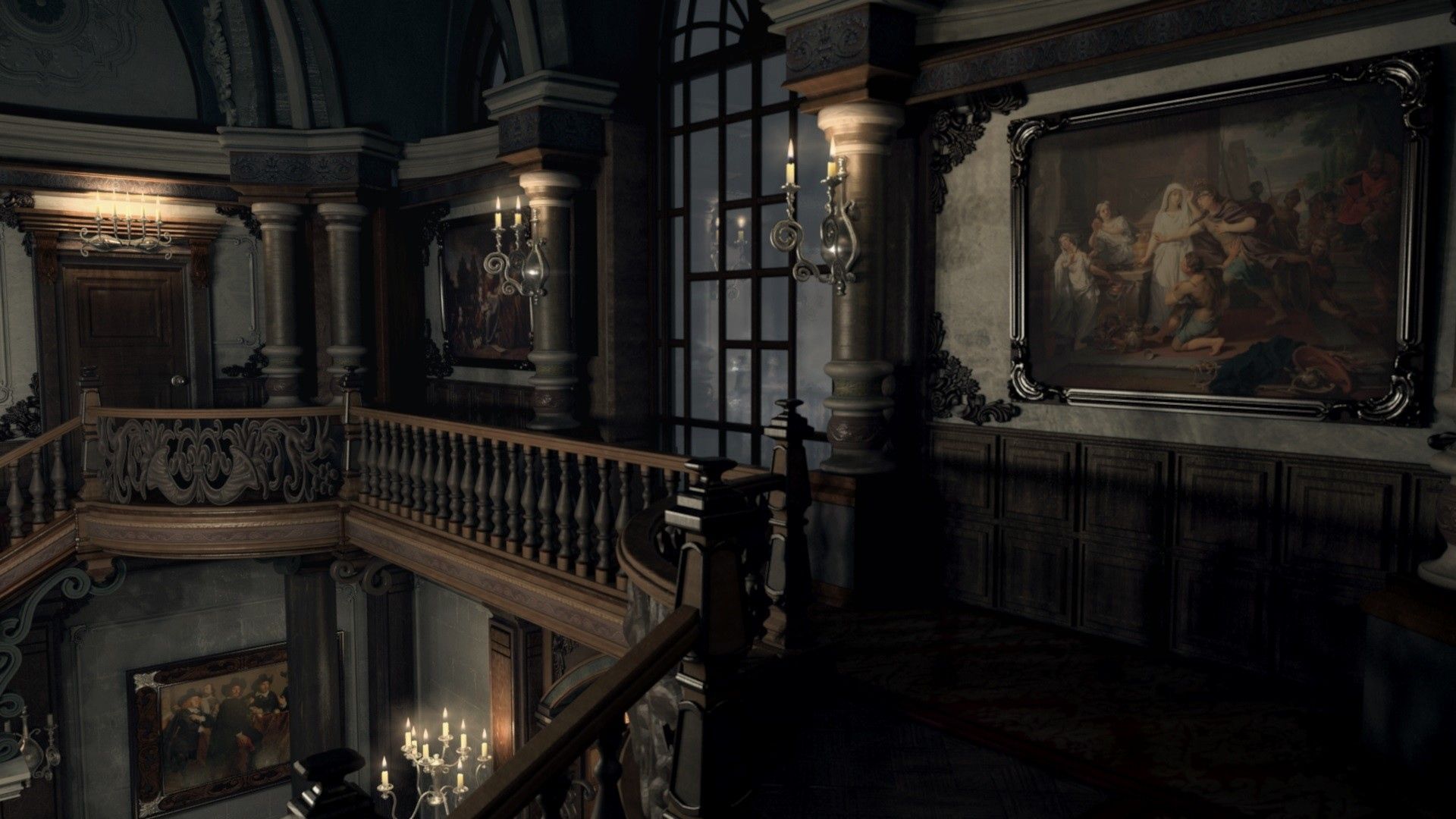 Resident Evil Village, Schloss Dimitrescu, Halle, Gemälde, Kerzen, 1920x1080, PC-Hintergrundbild