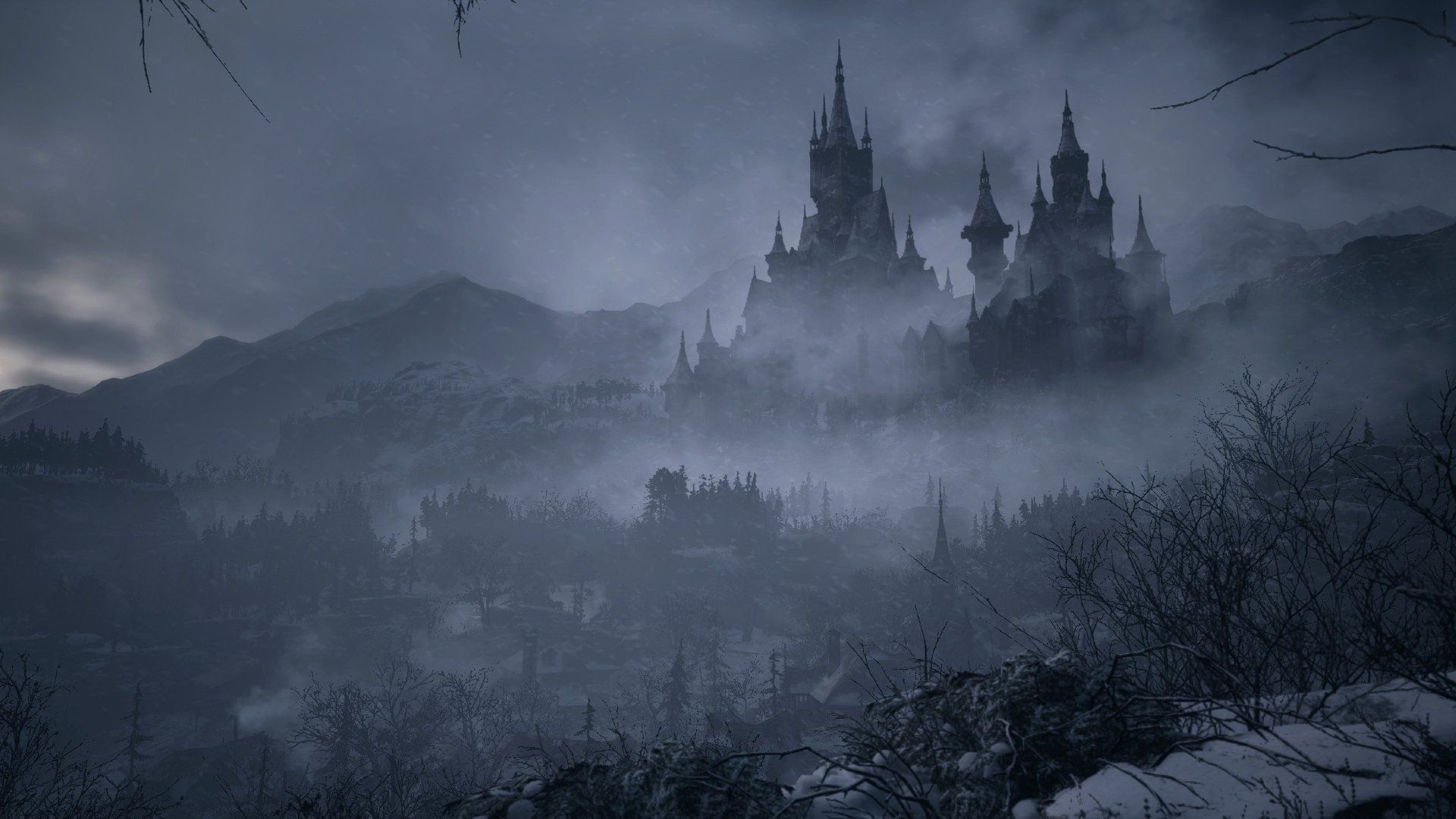 Resident Evil Village, Schloss Dimitrescu, Nebel, Berge, Düster, Full HD, Breitbild-Hintergrundbild
