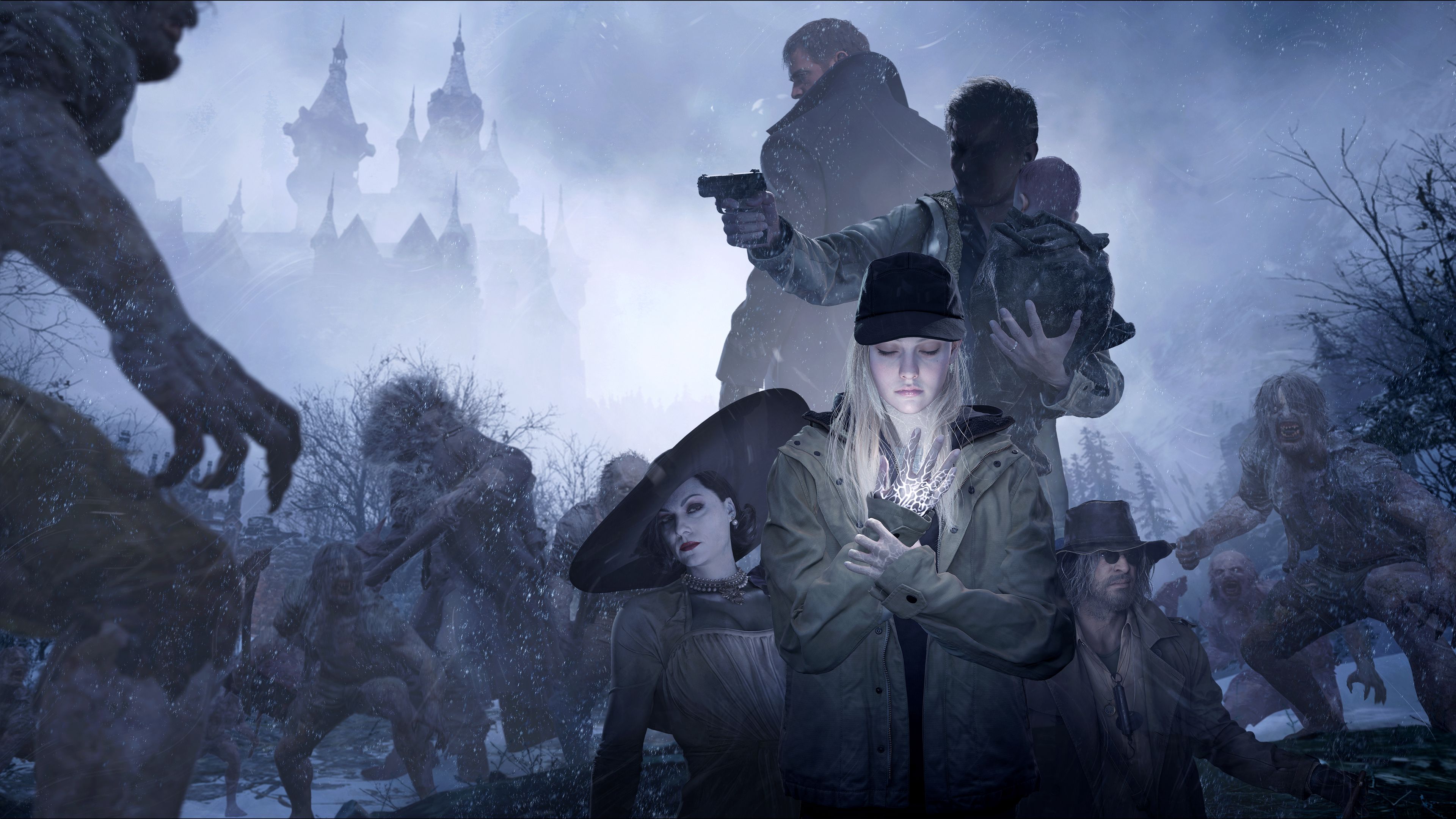 Resident Evil Village, Ethan Winters, Lady Dimitrescu, Karl Heisenberg, Werwölfe, 4K-Desktop-Hintergrund