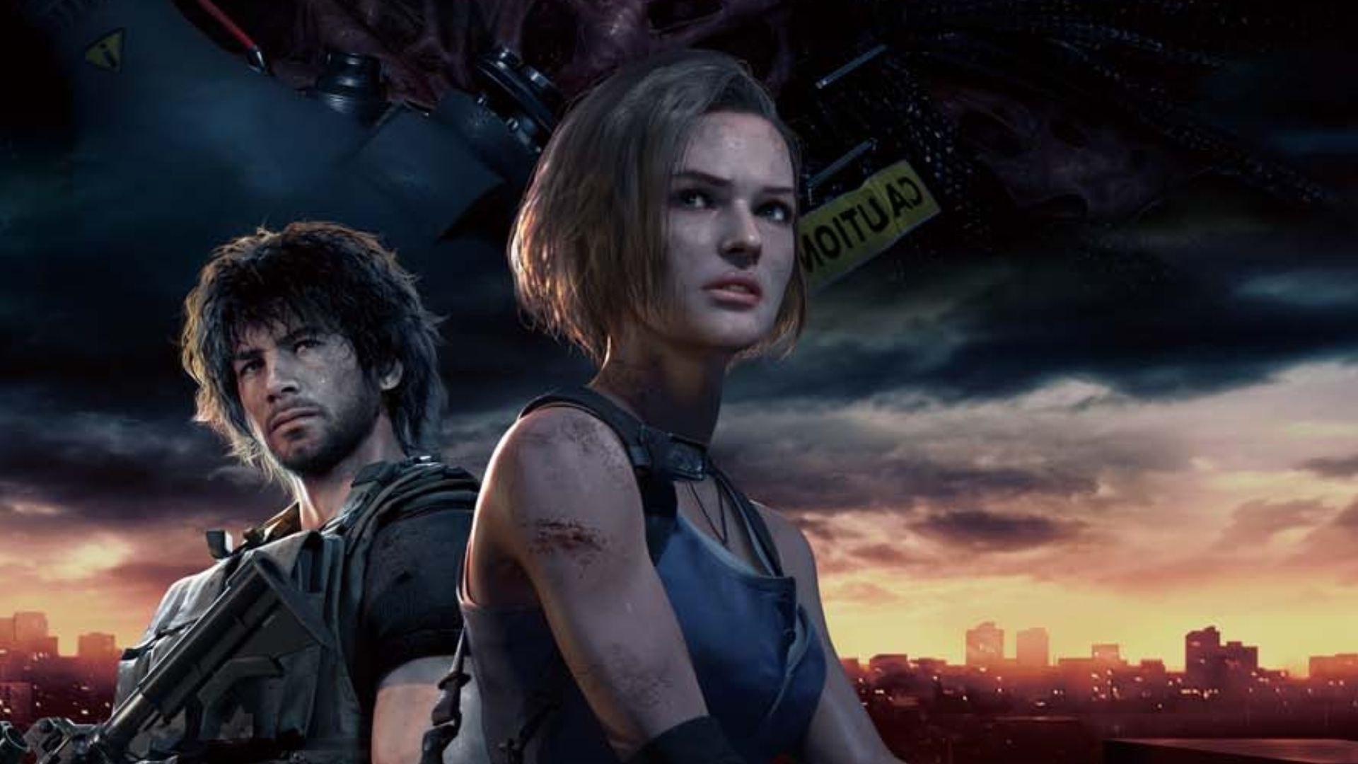 Resident Evil 3, Jill Valentine, Carlos Oliveira, Raccoon City, Sonnenuntergang, 1080p-Hintergrundbild