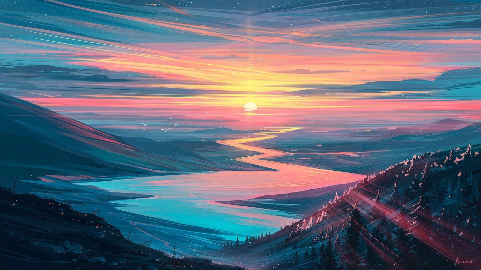 Fluss, Tal, Sonnenuntergang, Digitale Malerei, Berge, Full HD, Desktop-Hintergrund für Windows