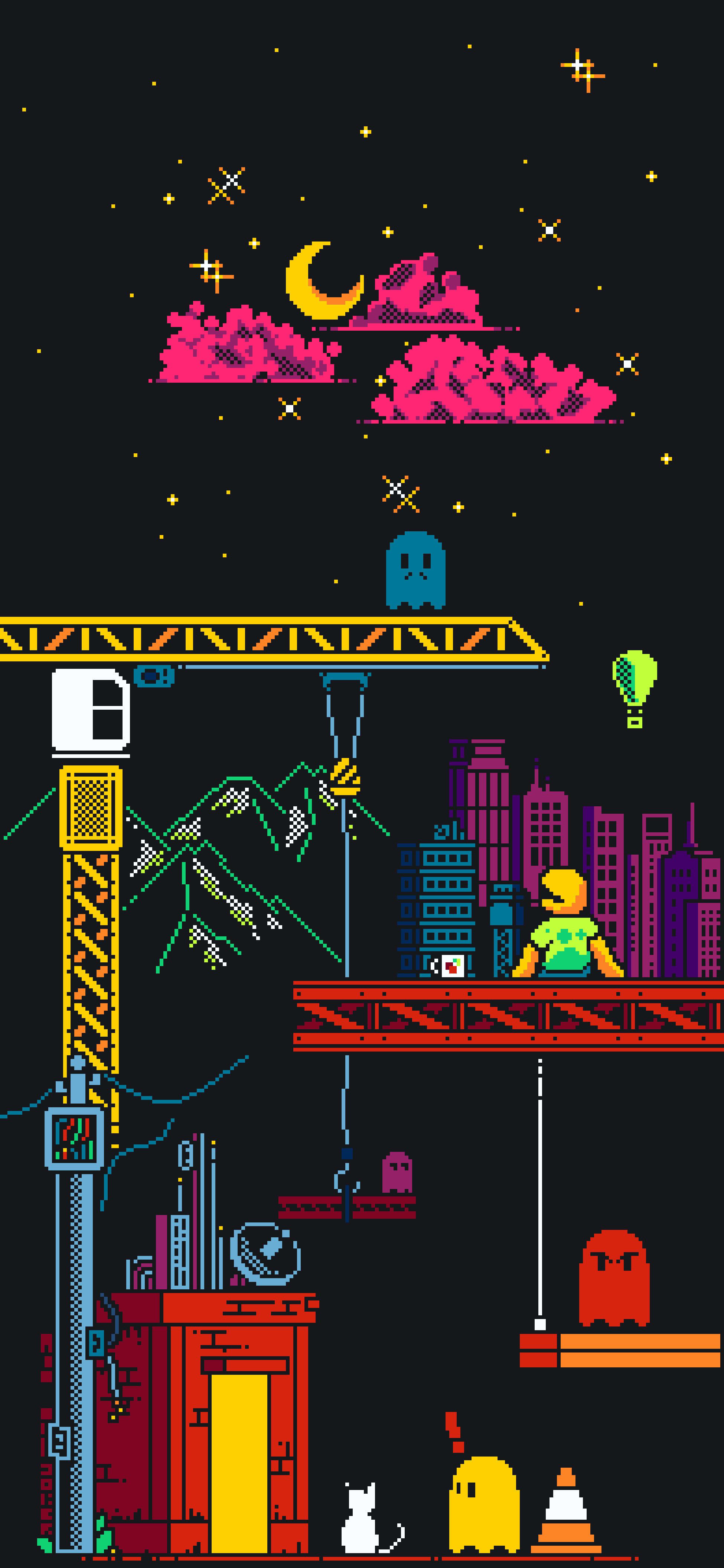 Pixel-Art, Retro-Spiel, Nacht, Kran, Bunte Figuren, QHD+, Handy-Hintergrund im Hochformat