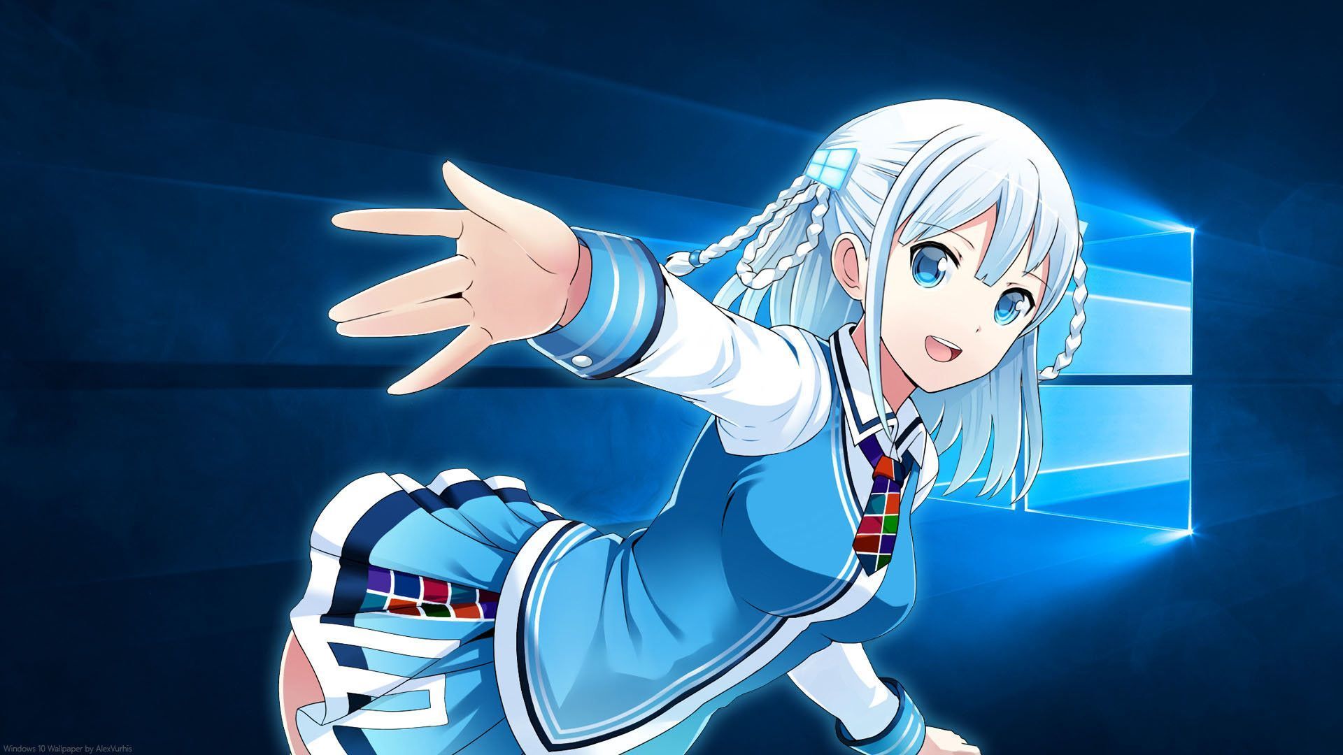 Anime-Mädchen, Windows 10, Windows-Logo, Weiße Haare, Blau, Full-HD-Hintergrundbild für PC