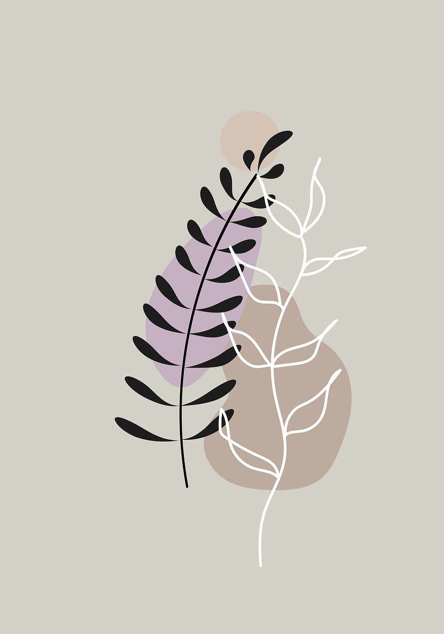 Line Art, Blätter, Boho, Lila, Beige, Abstrakt, Hintergrundbild für iPad und Tablet