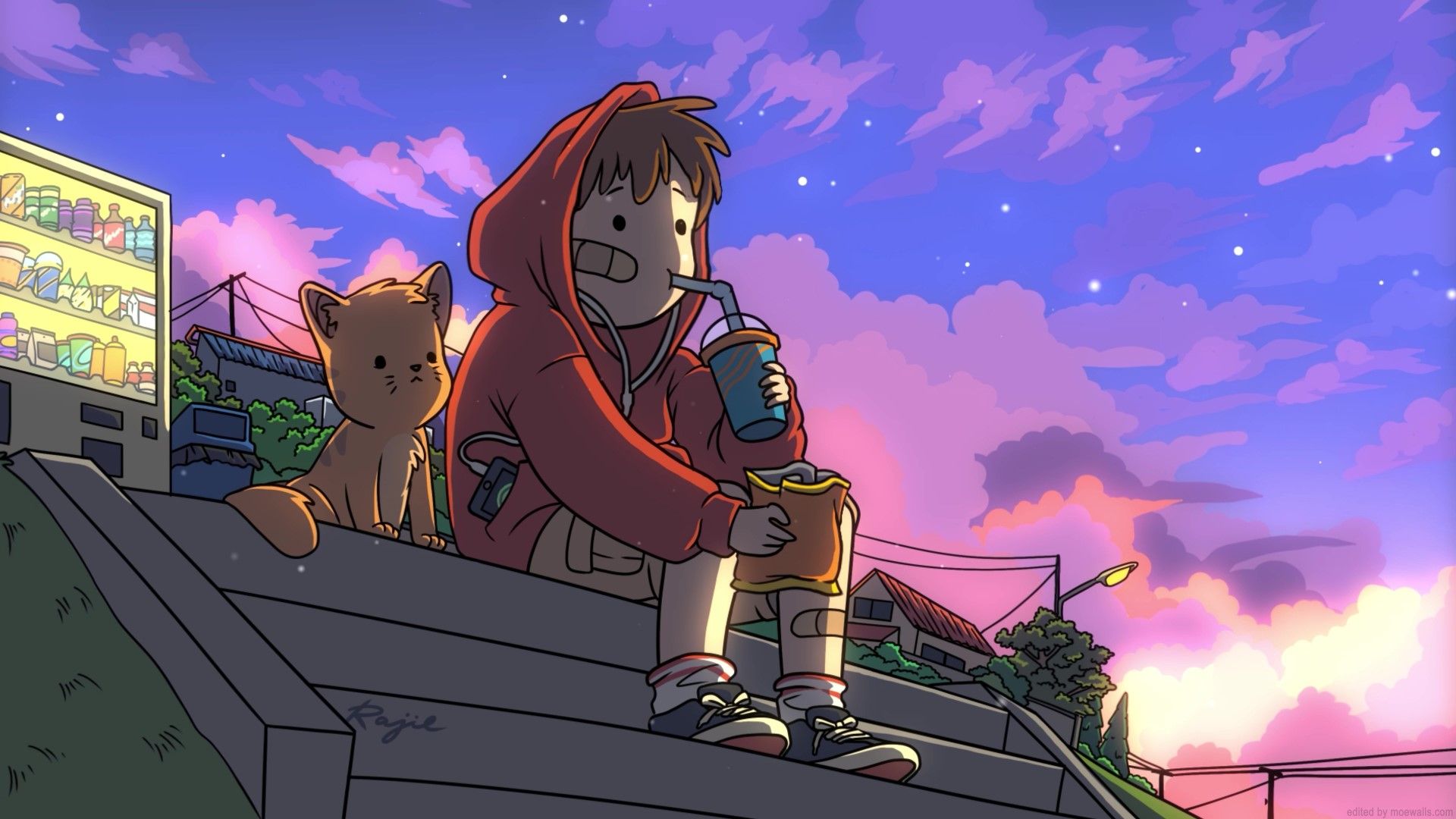 Anime, Mädchen, Katze, Treppe, Abendhimmel, Kapuzenpulli, Full HD, Breitbild-Hintergrundbild